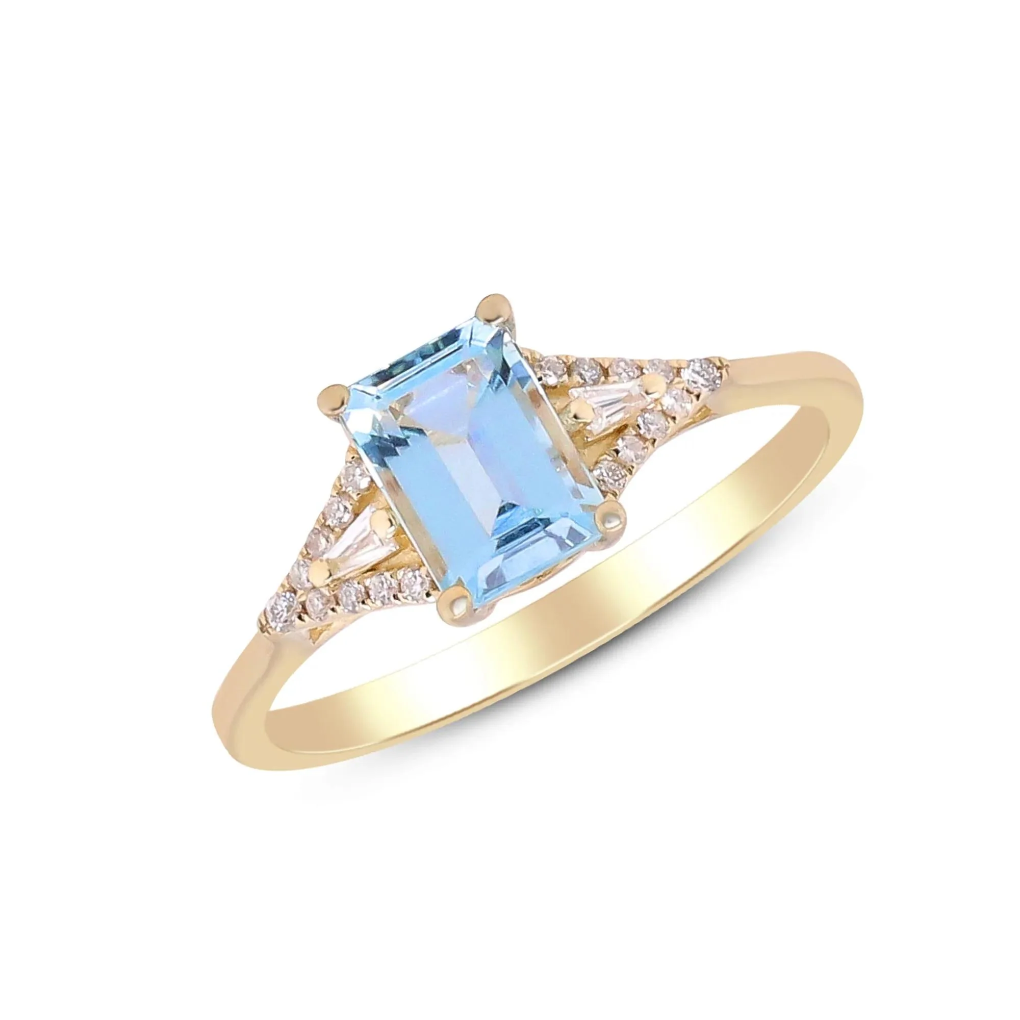 Aquamarine and Diamond Accent Ring 10K Yellow Gold Round Brilliant Cut Size 6 2mm - Image 4