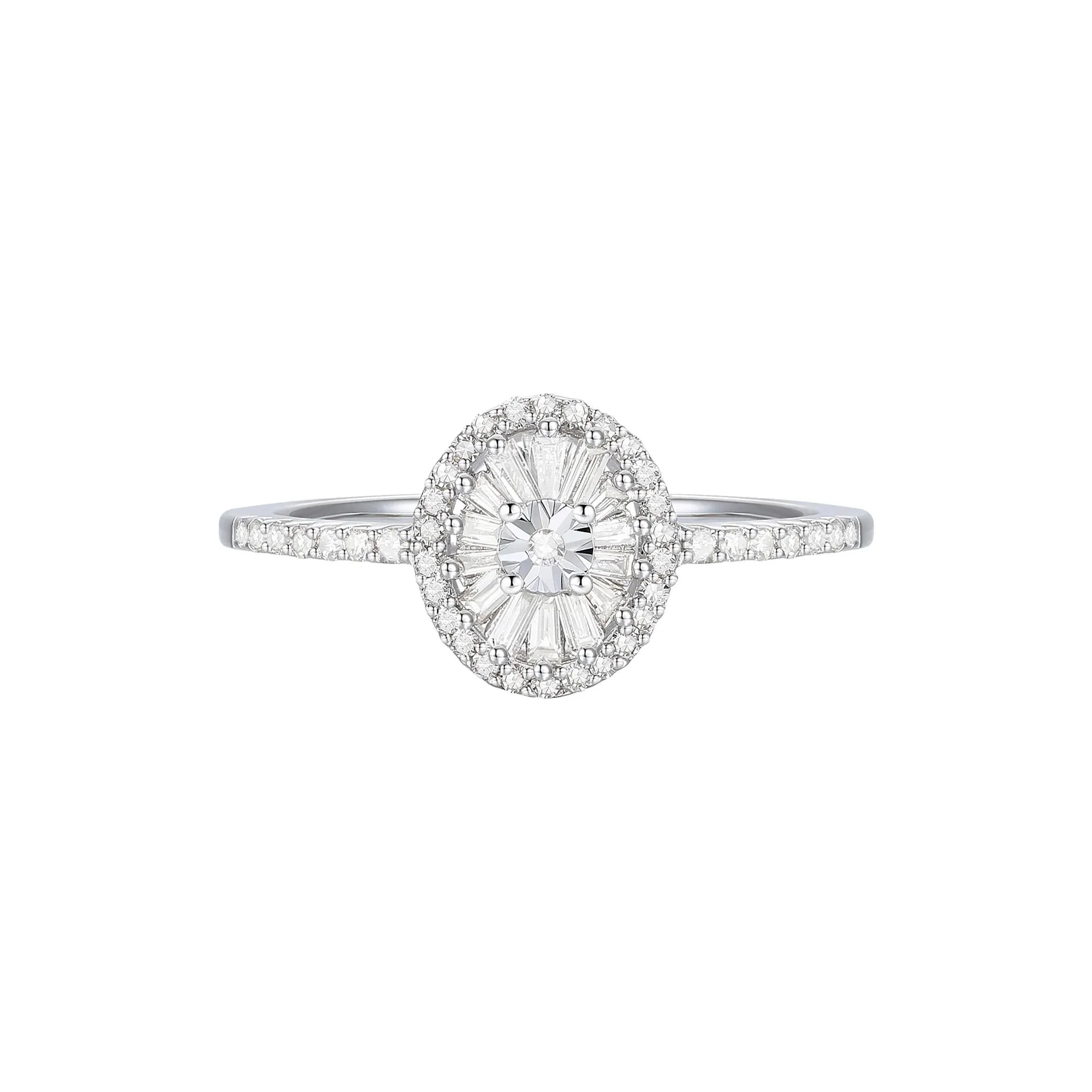 1/3 CT. Tw. Round and Baguette Diamond Halo Promise Ring .925 Sterling Silver White Size 8 1mm