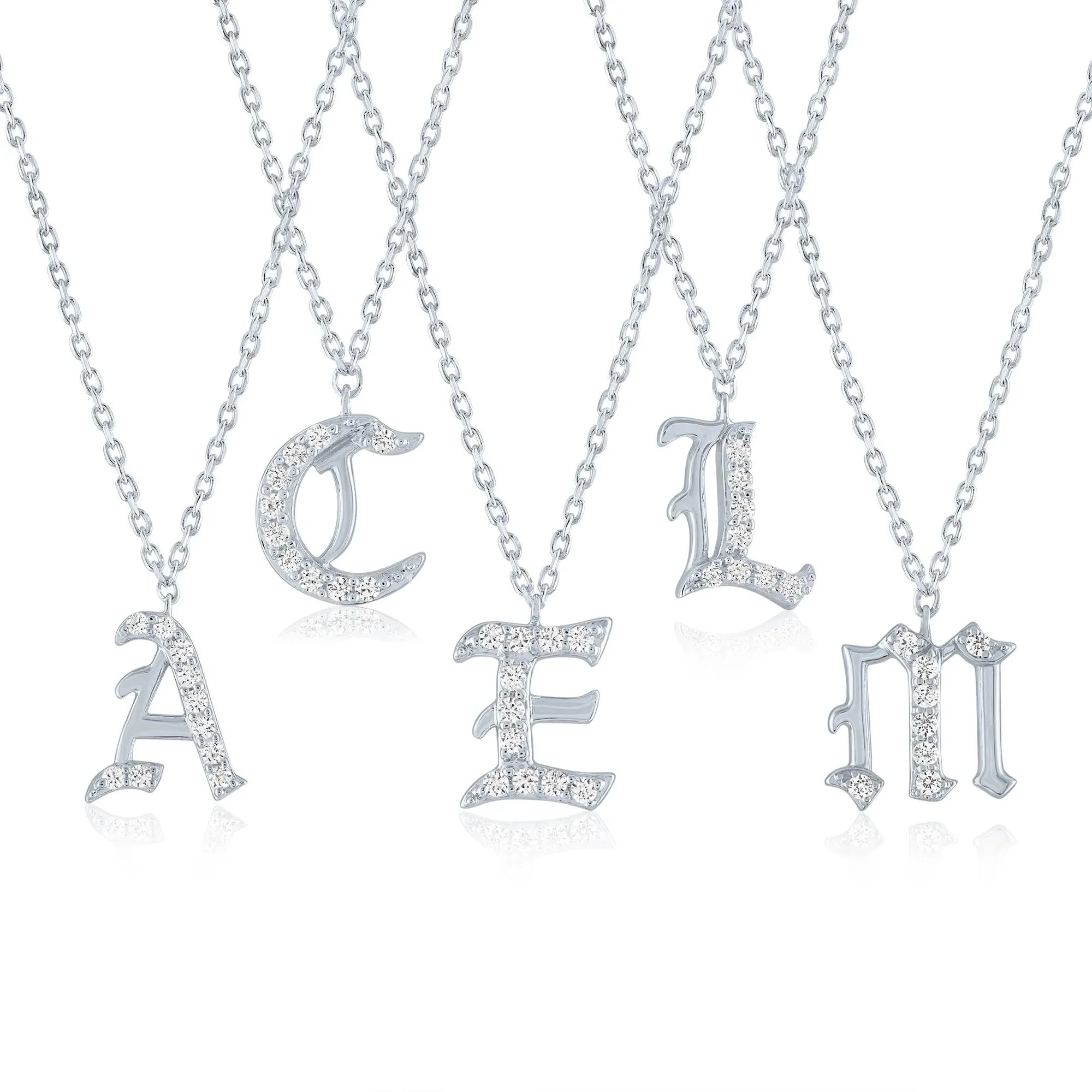 Diamond Accent Gothic Script C Initial Pendant Necklace .925 Sterling Silver White Size 18" - Image 2