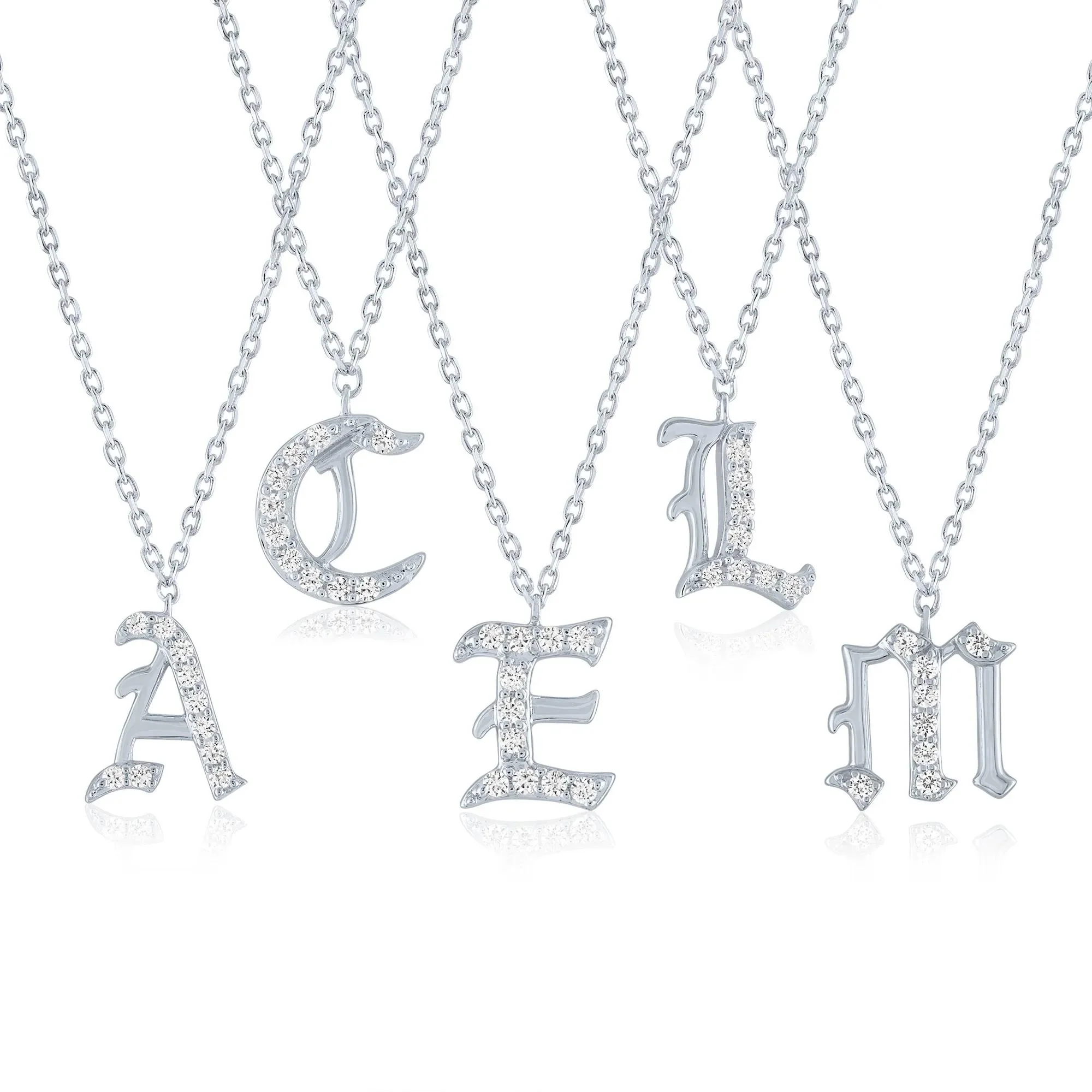 Diamond Accent Gothic Script E Initial Pendant Necklace .925 Sterling Silver White Size 18" - Image 3