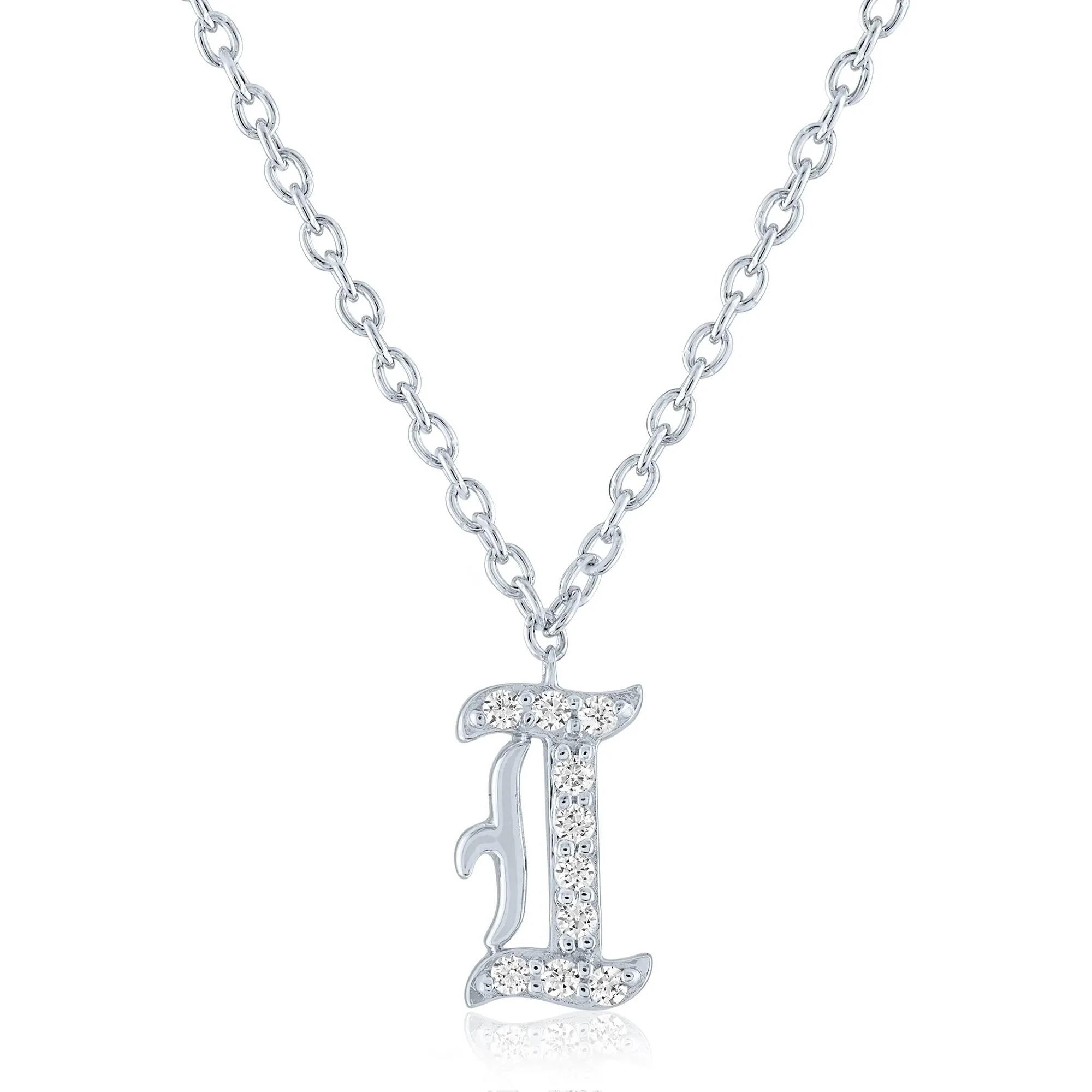 Diamond Accent Gothic Script I Initial Pendant Necklace .925 Sterling Silver White Size 18"
