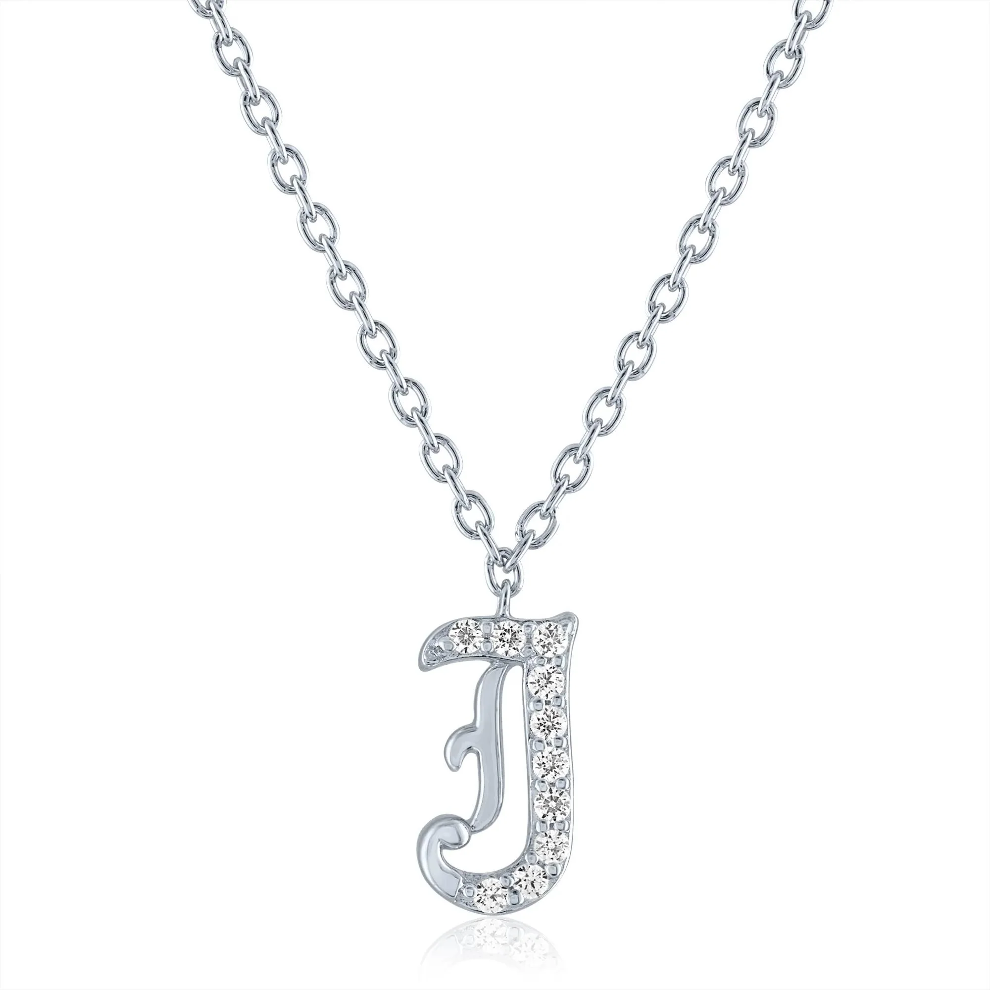 Diamond Accent Gothic Script J Initial Pendant Necklace .925 Sterling Silver White Size 18"