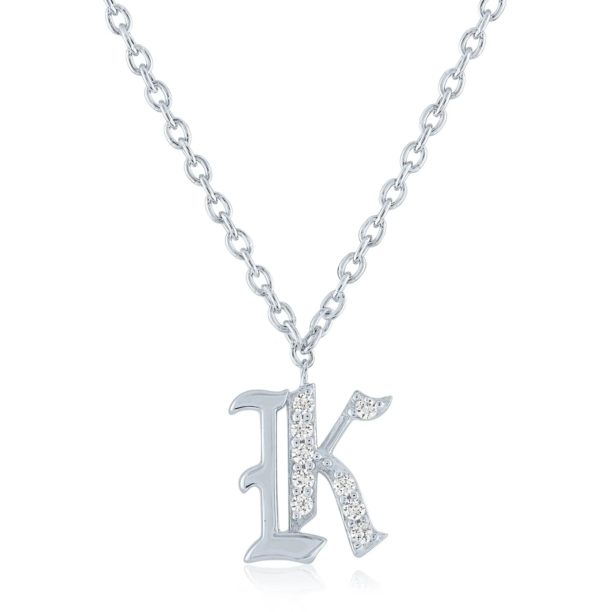 Diamond Accent Gothic Script K Initial Pendant Necklace .925 Sterling Silver White Size 18"