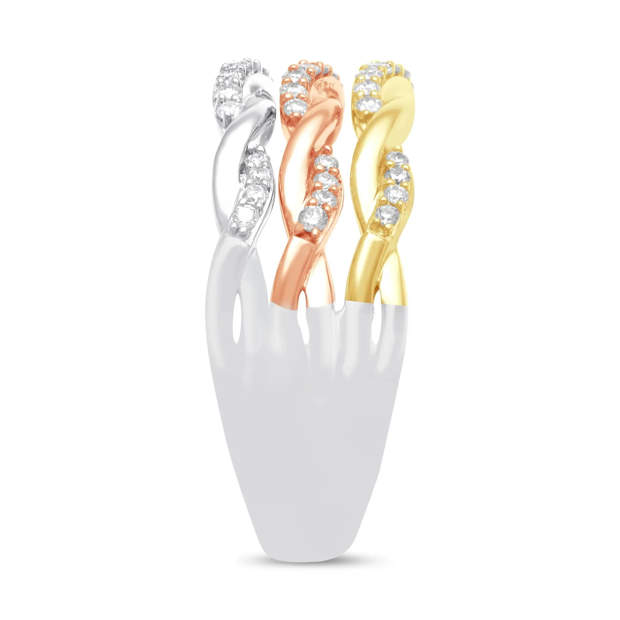 1/3 CT. Tw. Diamond Three-Row Twist Band Ring .925 Sterling Silver and 10K Rose and Yellow Gold White Size 6 - Image 3
