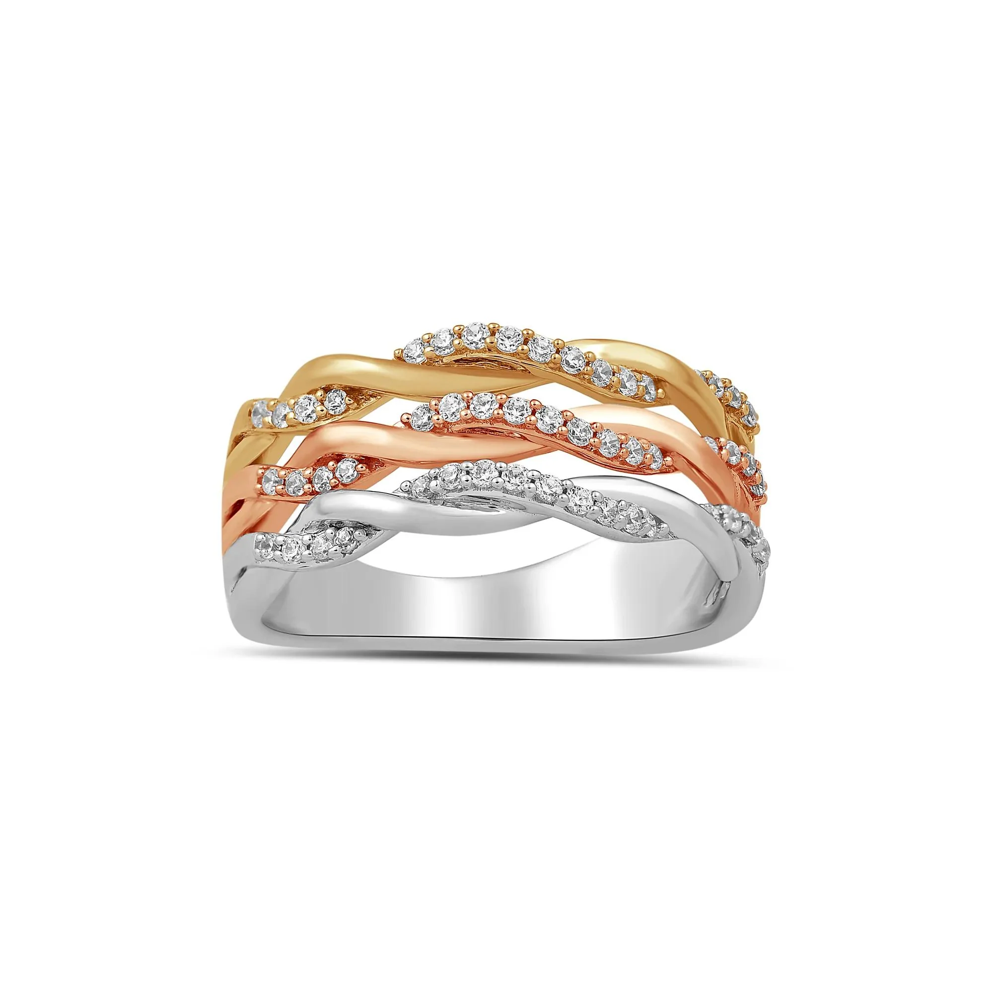 1/3 CT. Tw. Diamond Three-Row Twist Band Ring .925 Sterling Silver and 10K Rose and Yellow Gold White Size 6 - Image 4