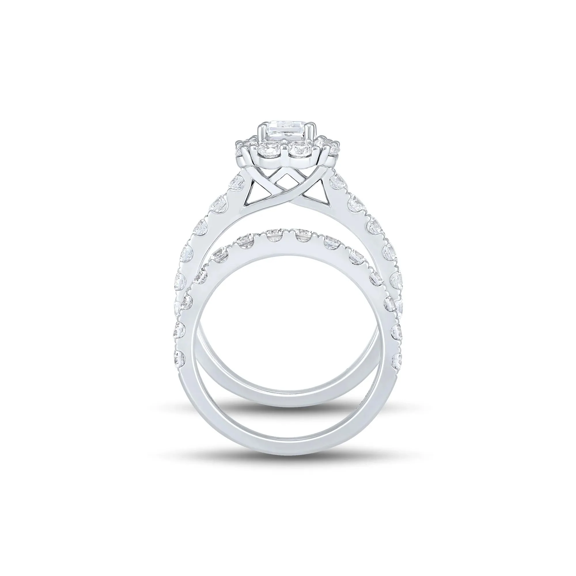 3 CT. Tw. Lab Grown Diamond Emerald-Cut Bridal Set 14K White Gold Ring Round Brilliant Cut Size 6 1mm - Image 3