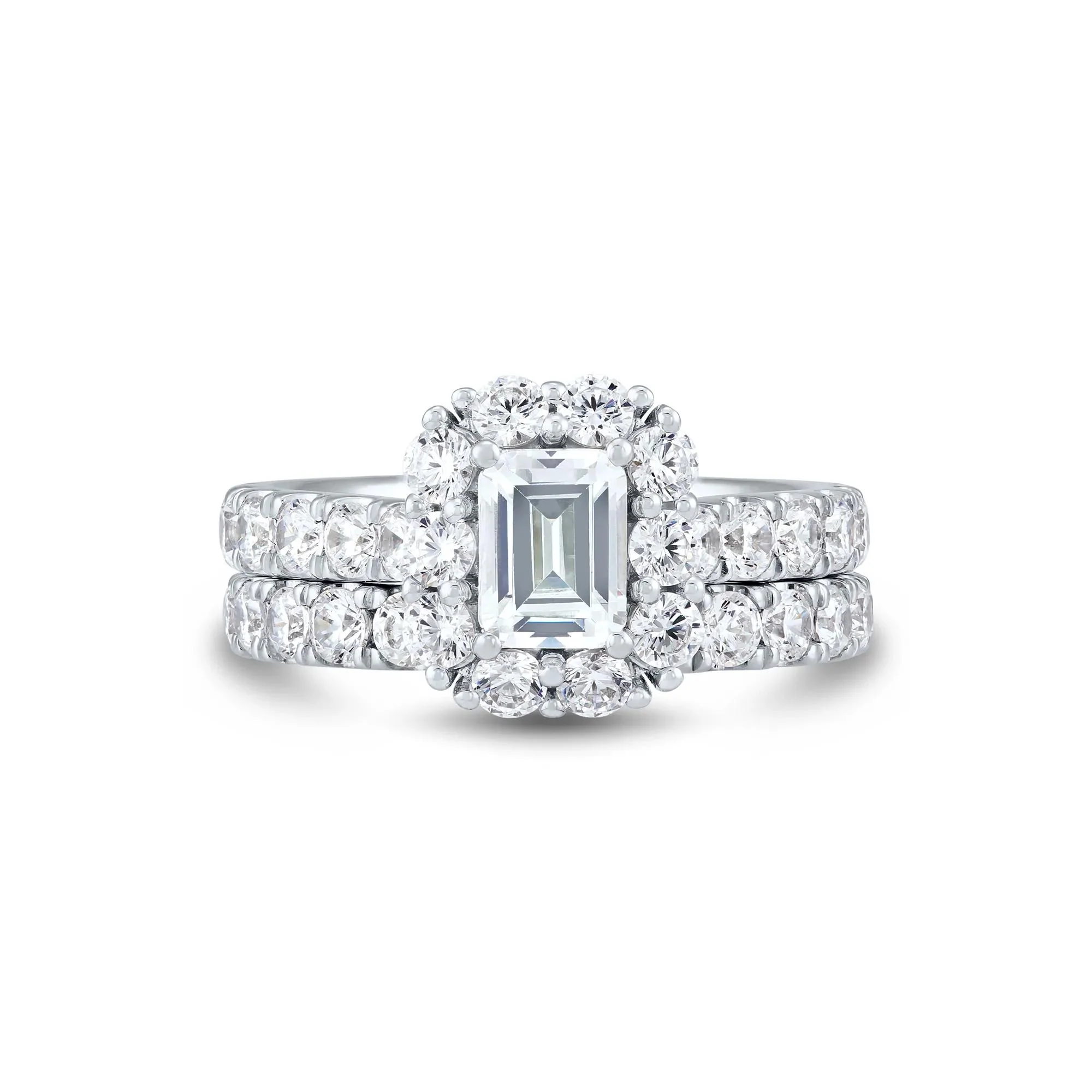 3 CT. Tw. Lab Grown Diamond Emerald-Cut Bridal Set 14K White Gold Ring Round Brilliant Cut Size 6.5 1mm - Image 2