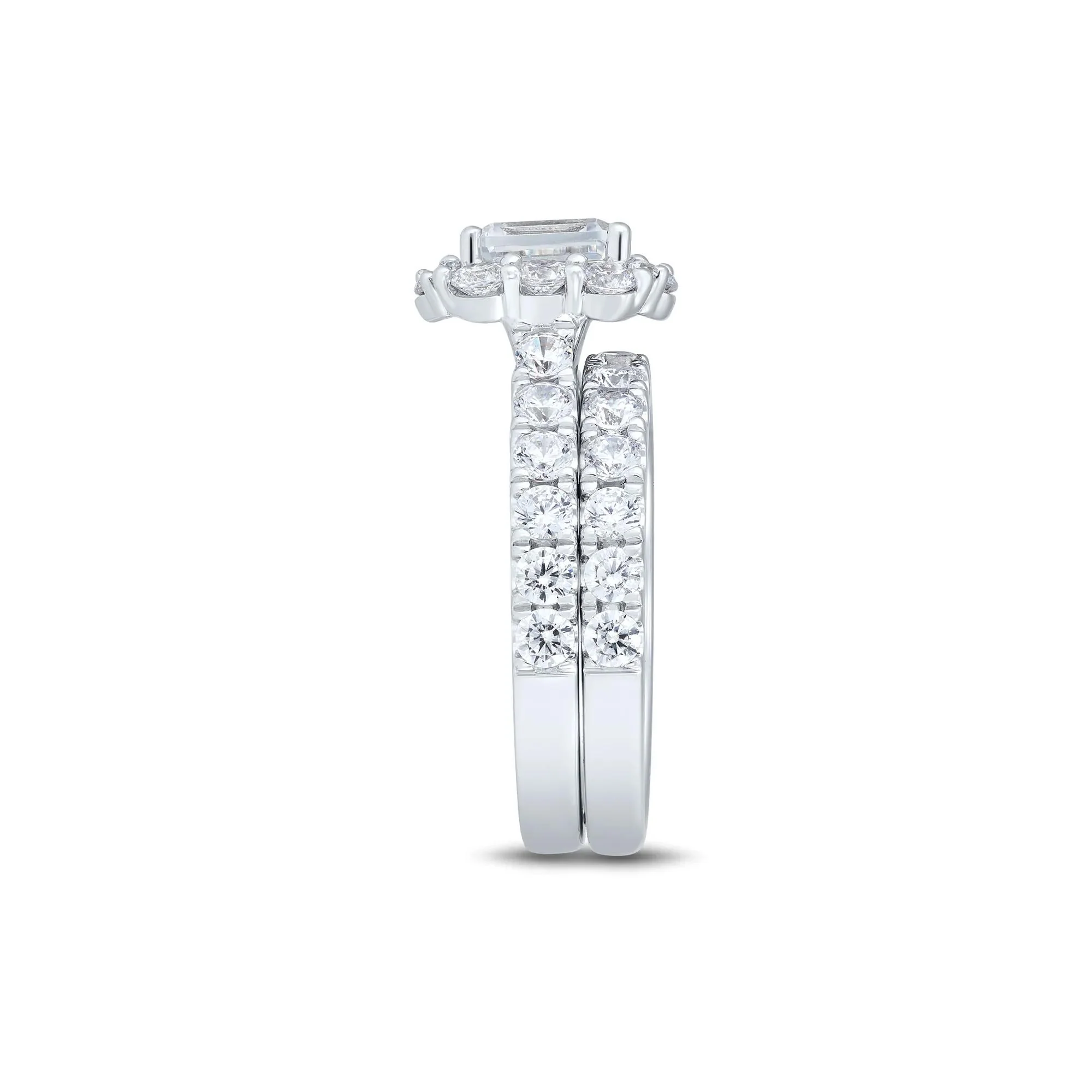 3 CT. Tw. Lab Grown Diamond Emerald-Cut Bridal Set 14K White Gold Ring Round Brilliant Cut Size 7 1mm - Image 4