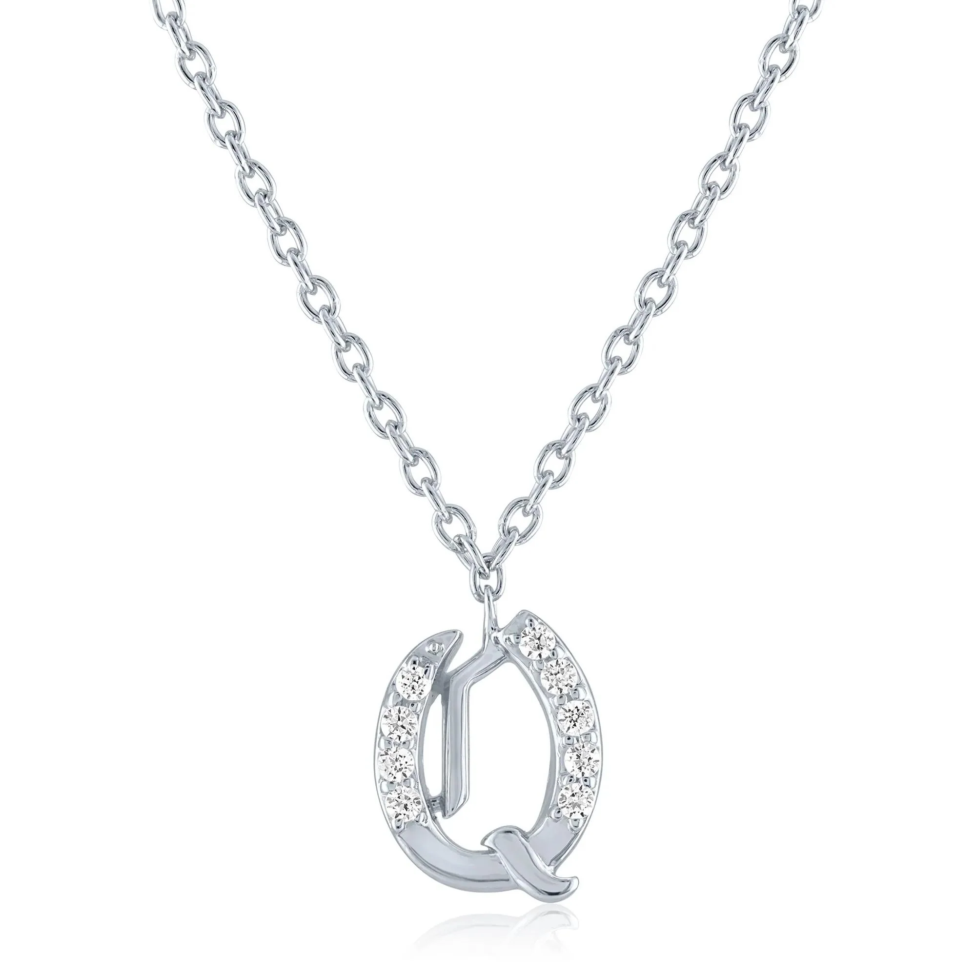 Diamond Accent Gothic Script Q Initial Pendant Necklace .925 Sterling Silver White Size 18"