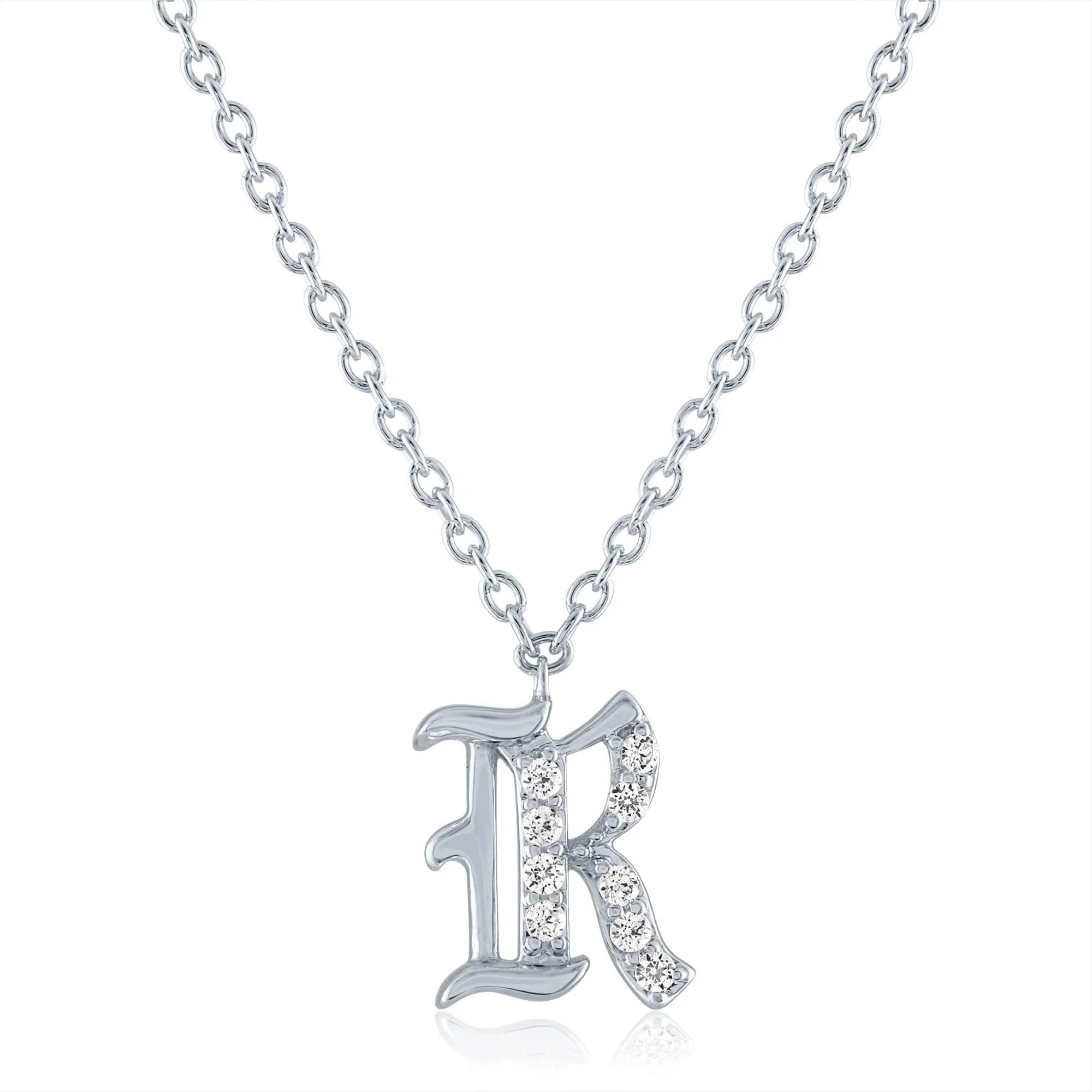 Diamond Accent Gothic Script R Initial Pendant Necklace .925 Sterling Silver White Size 18"