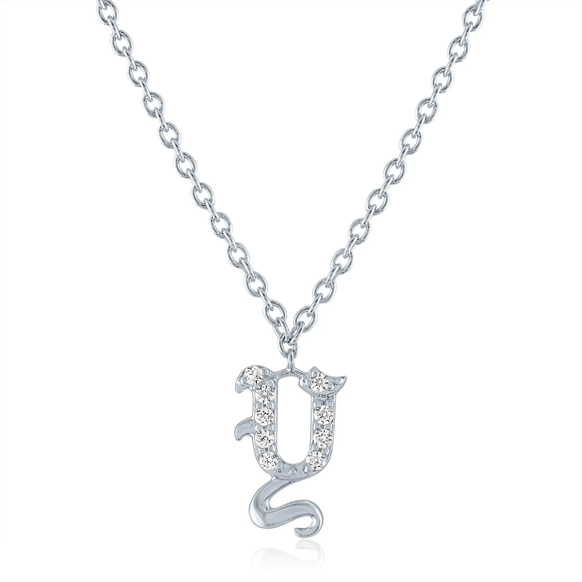 Diamond Accent Gothic Script Y Initial Pendant Necklace .925 Sterling Silver White Size 18"