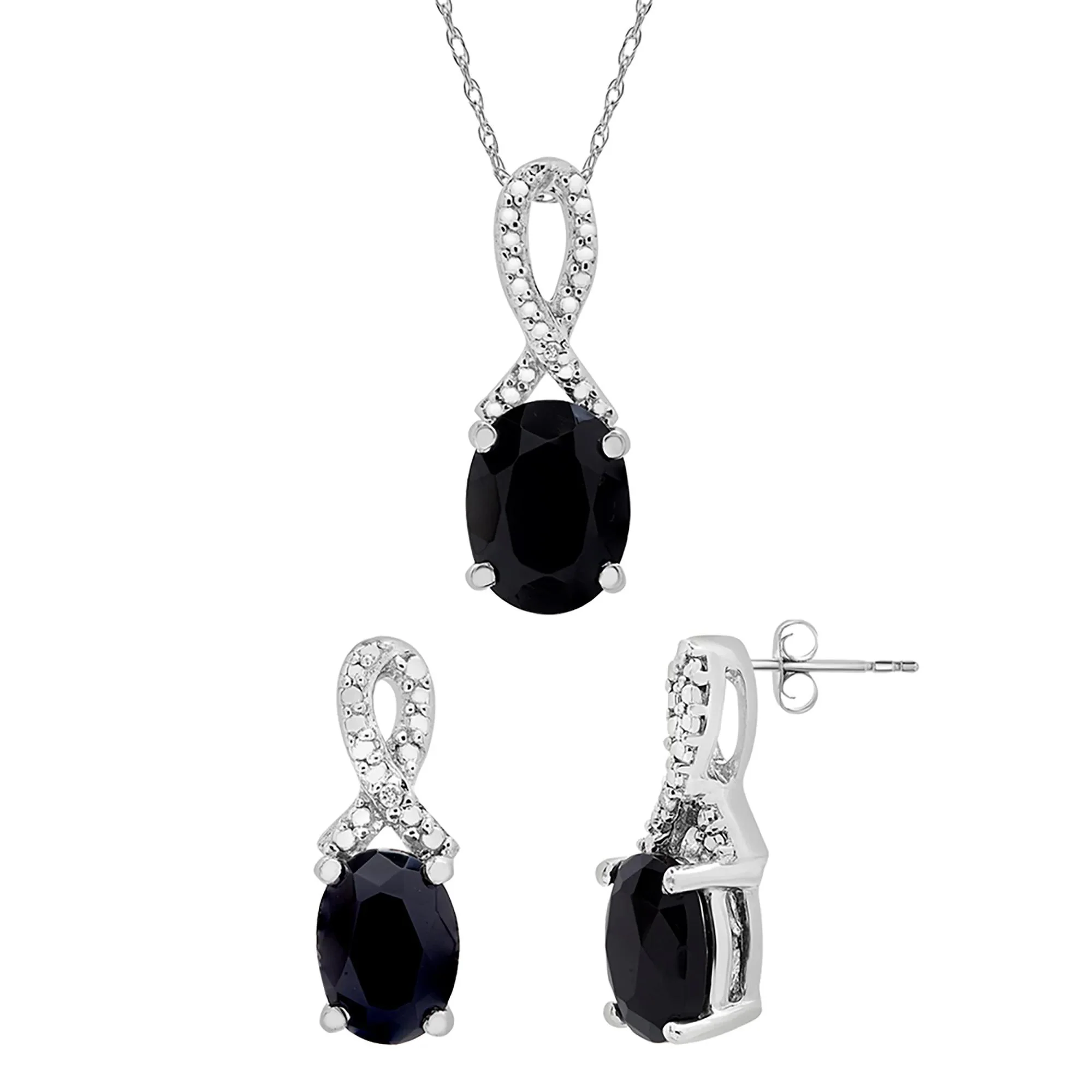 Oval Black Onyx Pendant Necklace and Earrings Set with Diamond Accents .925 Sterling Silver White Size 18"