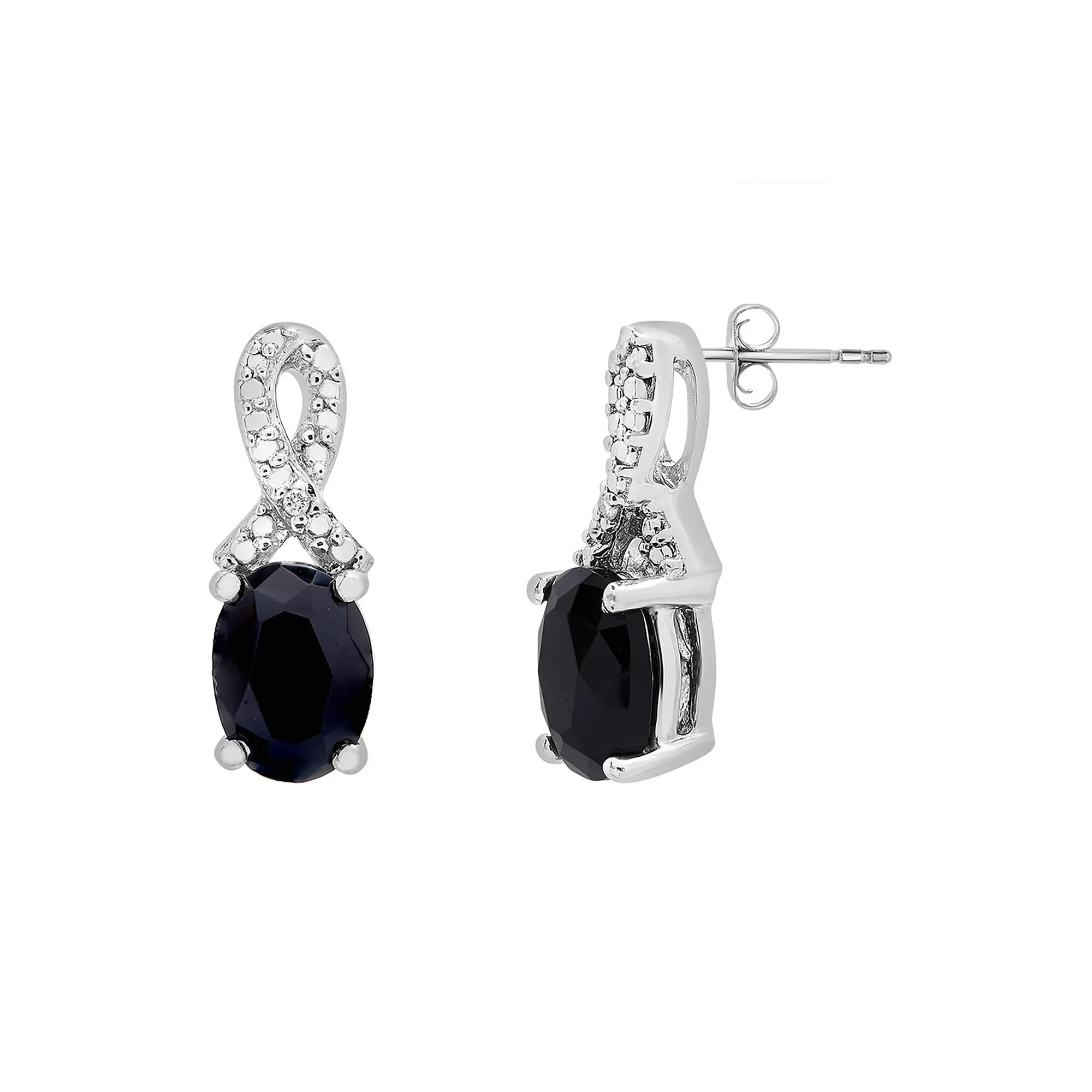 Oval Black Onyx Pendant Necklace and Earrings Set with Diamond Accents .925 Sterling Silver White Size 18" - Image 2