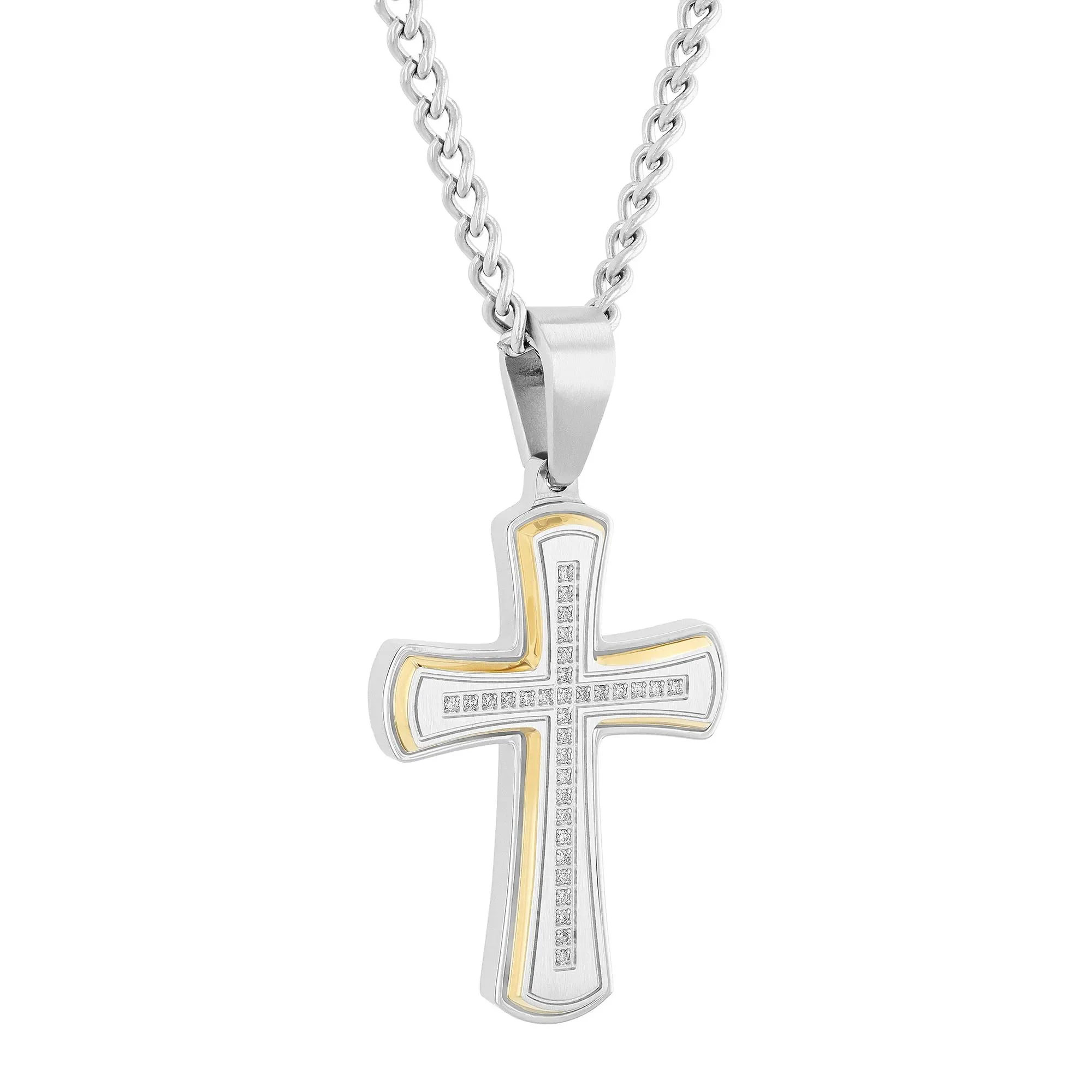 Diamond Cross Pendant Necklace Stainless Steel and Yellow Ion-Plated Stainless Steel Gray Size 24" - Image 2