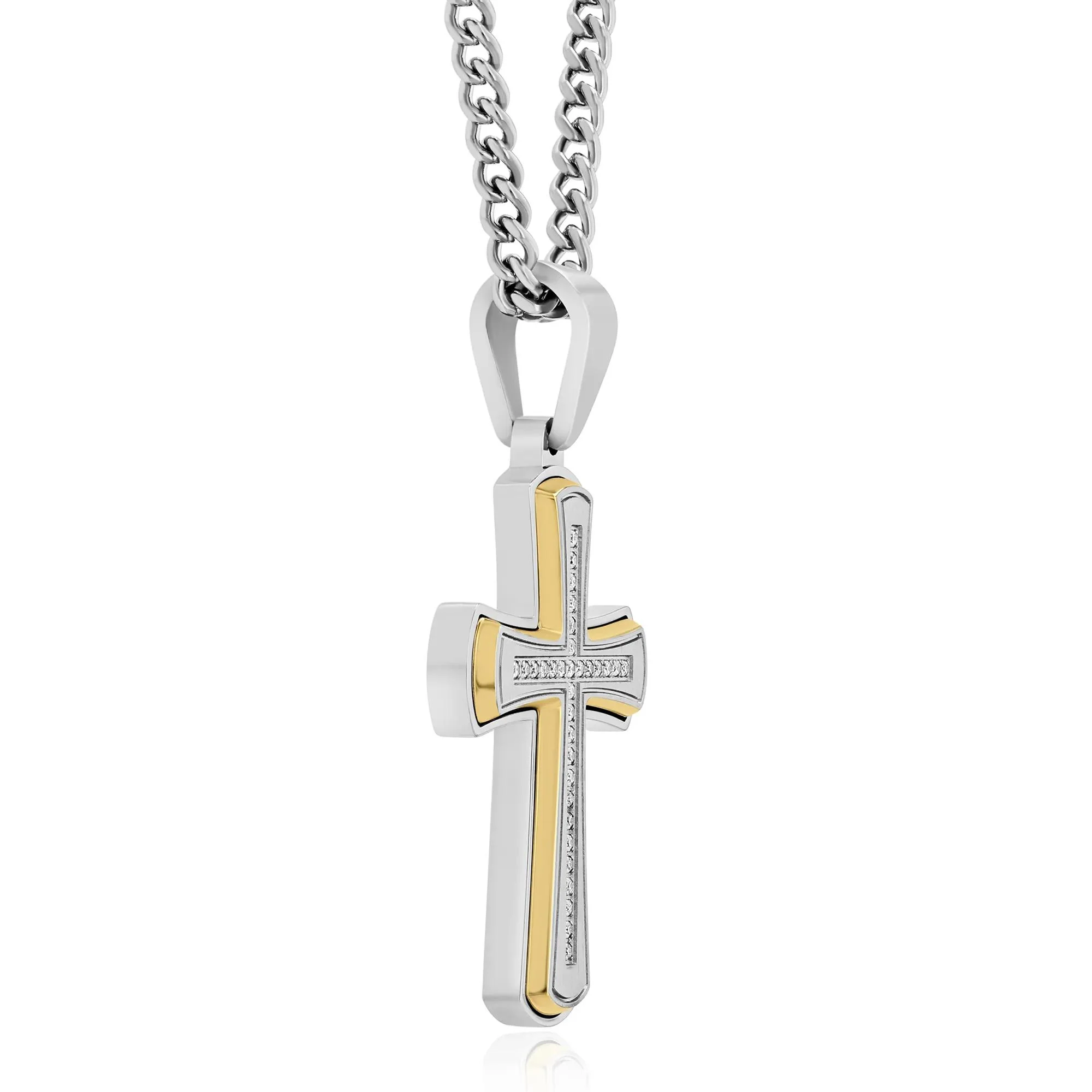 Diamond Cross Pendant Necklace Stainless Steel and Yellow Ion-Plated Stainless Steel Gray Size 24" - Image 3