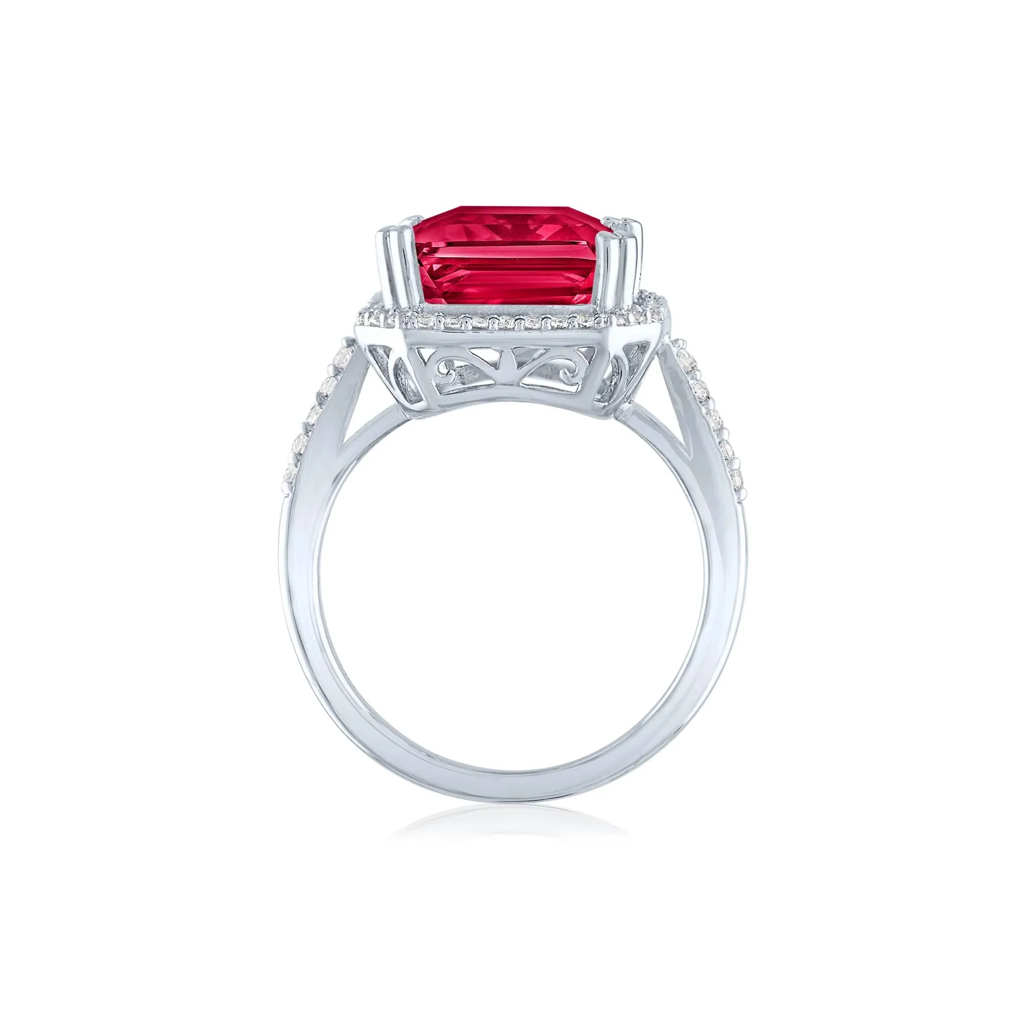 Lab-Created Ruby and Lab-Created White Sapphire Halo Cocktail Ring .925 Sterling Silver Size 6.5 1mm - Image 2
