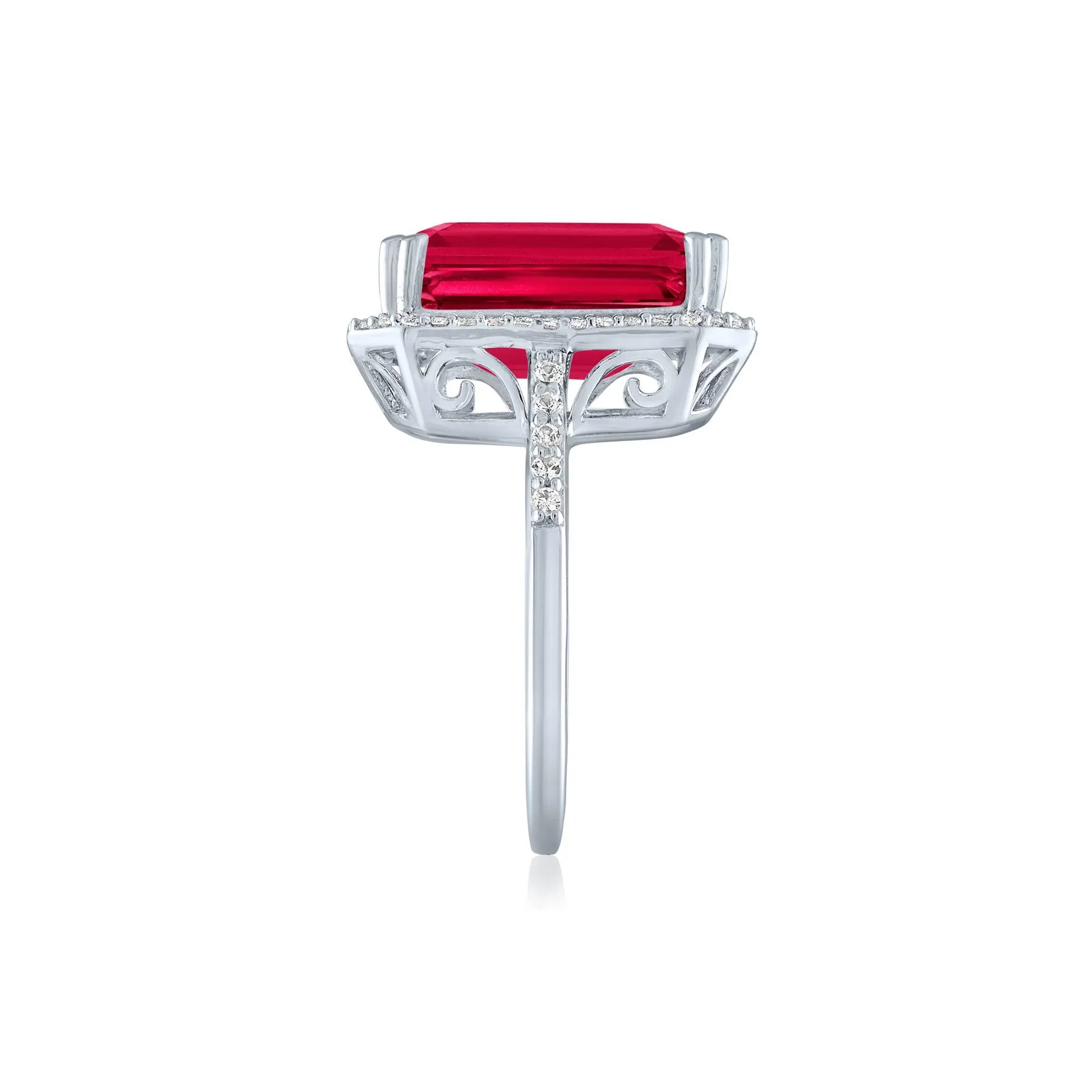 Lab-Created Ruby and Lab-Created White Sapphire Halo Cocktail Ring .925 Sterling Silver Size 8.5 1mm - Image 3