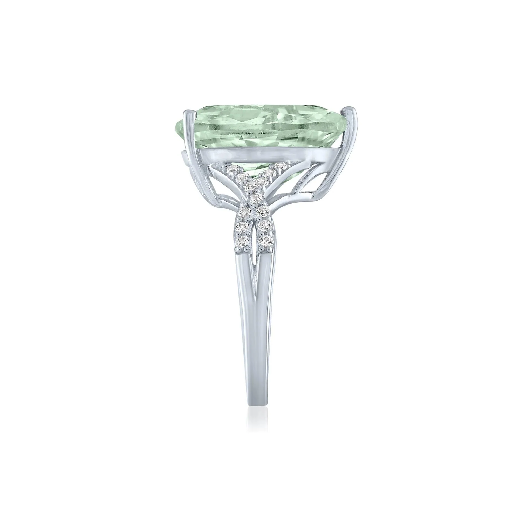 Green Amethyst and Lab-Created White Sapphire Cocktail Ring .925 Sterling Silver Round Brilliant Cut Size 6.5 1mm - Image 3