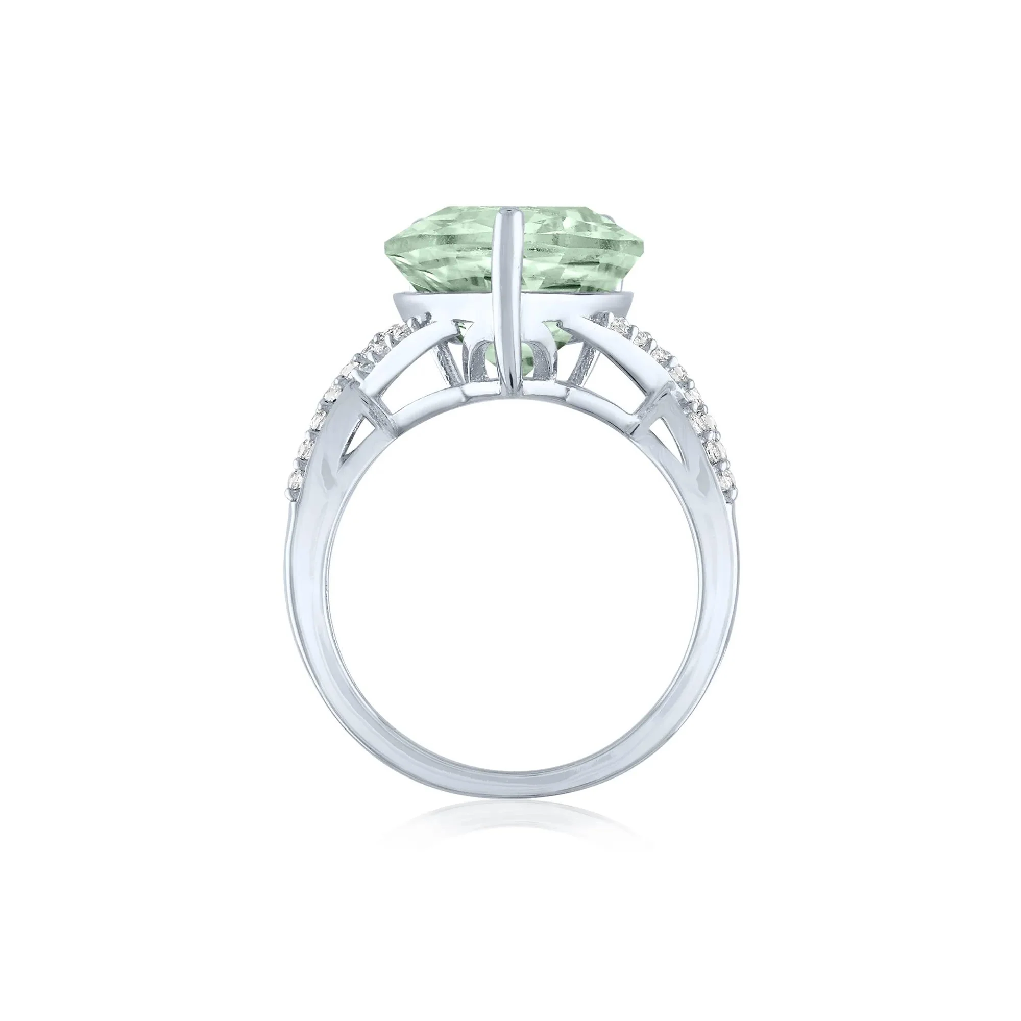Green Amethyst and Lab-Created White Sapphire Cocktail Ring .925 Sterling Silver Round Brilliant Cut Size 7.5 1mm - Image 2