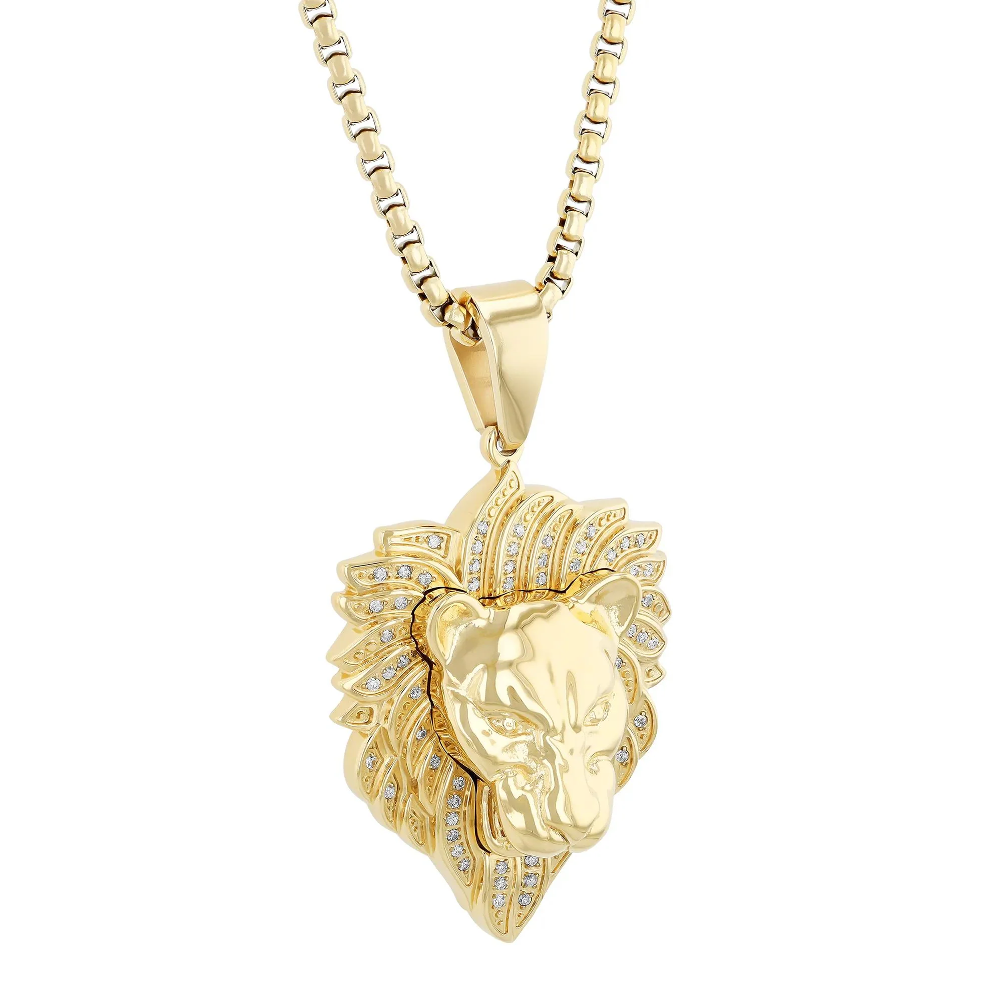 1/4 CT. Tw. Diamond Lion Head Pendant Necklace Yellow Gold-Tone Ion-Plated Stainless Steel Size 24" - Image 2