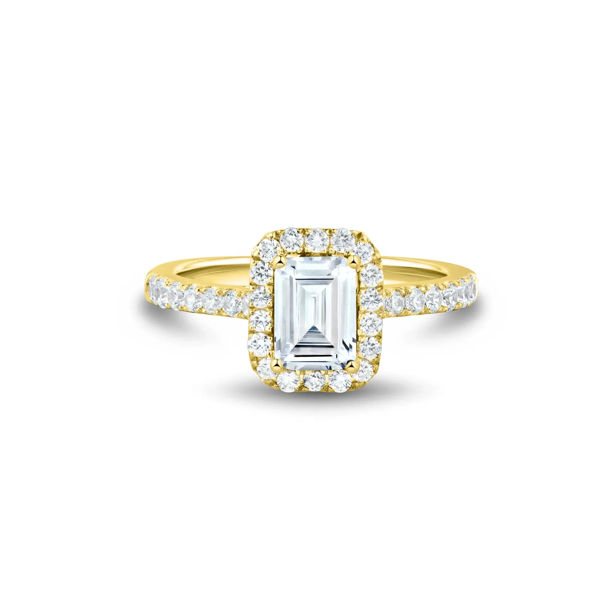 1/2 CT. Tw. Lab Grown Diamond Emerald-Cut Halo Engagement Ring 14K Yellow Gold Size 7.5 1mm
