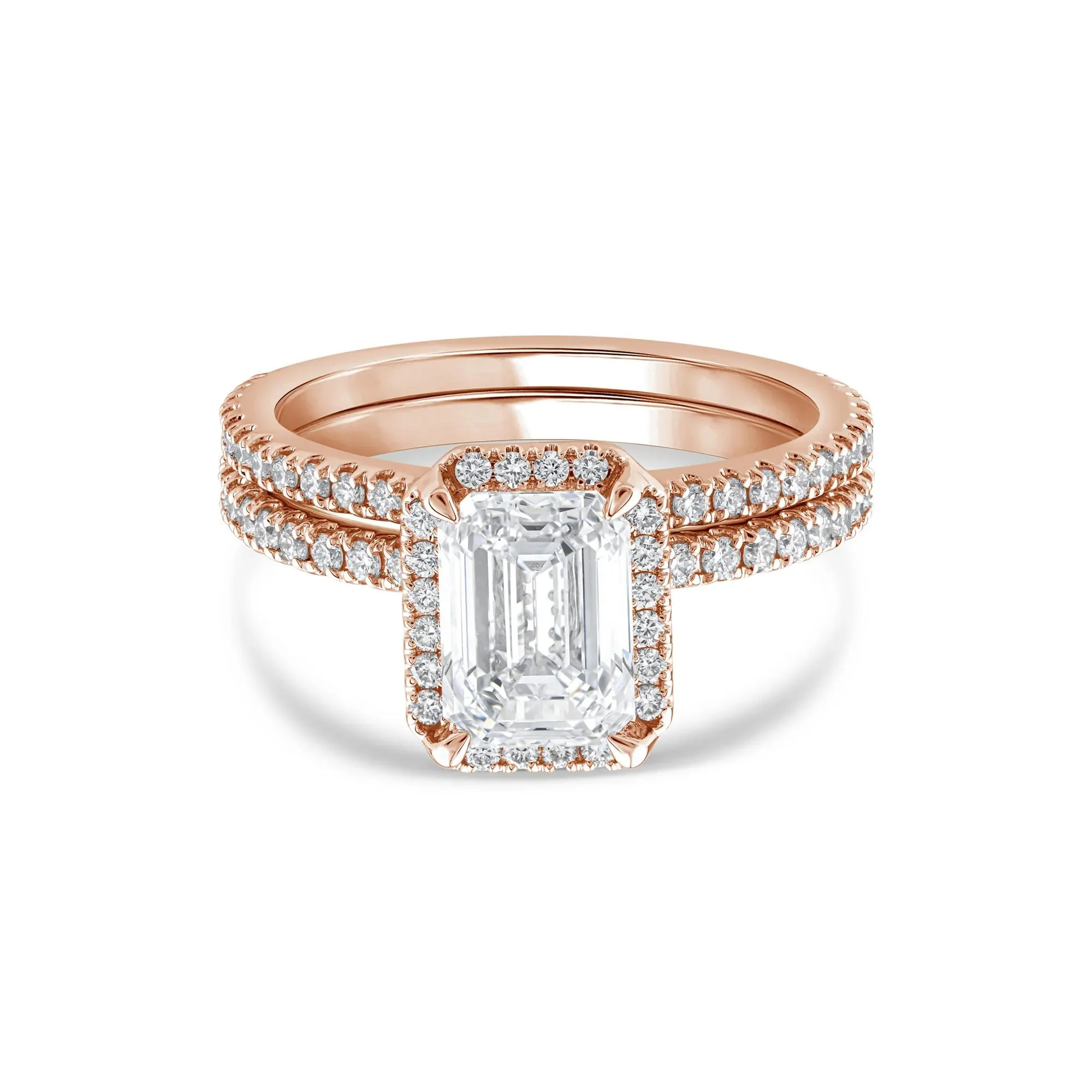 2 3/4 CT. Tw. Lab Grown Diamond Emerald-Cut Halo Bridal Set 14K Rose Gold Ring Round Brilliant Cut Size 7 1mm