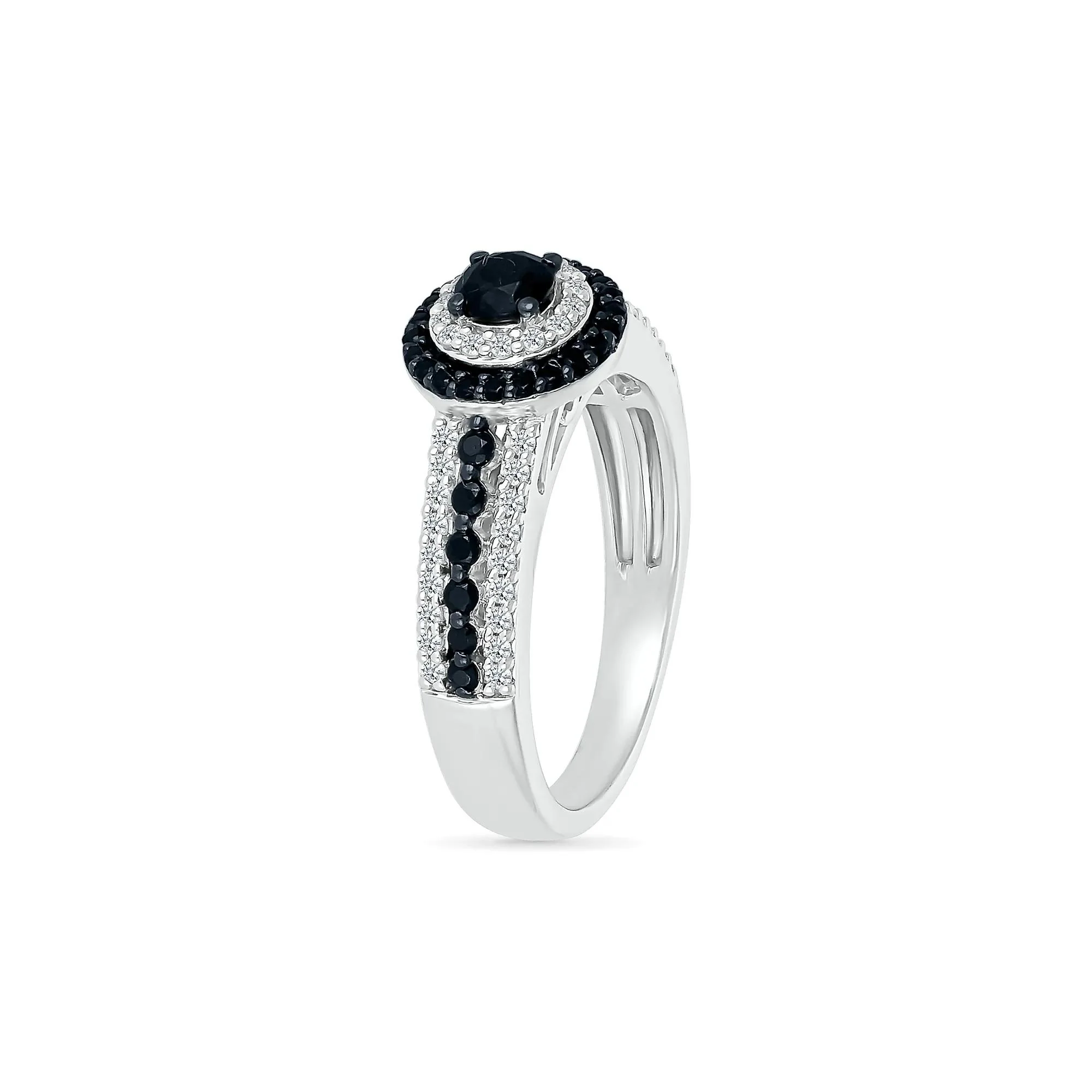 3/4 CT. Tw. Black and White Diamond Double Halo Ring 10K White Gold Size 6 - Image 4