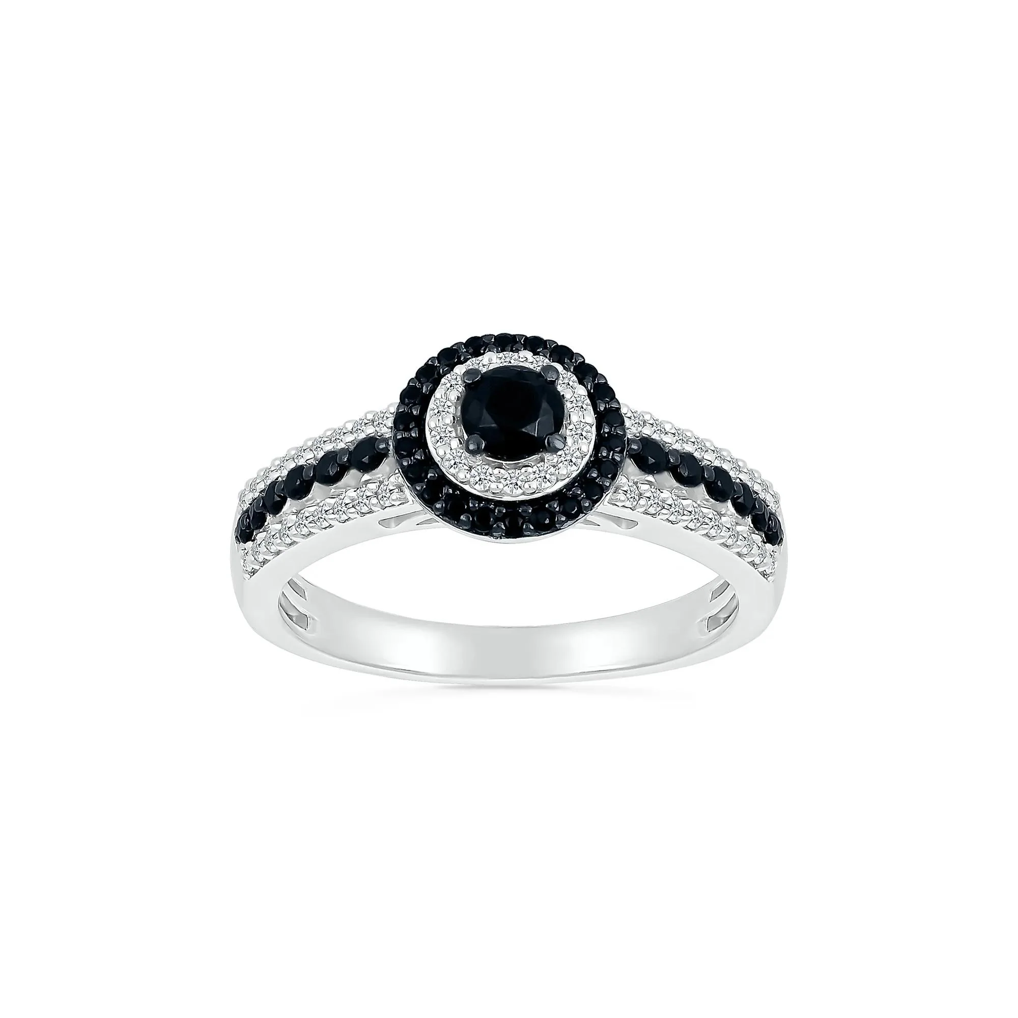 3/4 CT. Tw. Black and White Diamond Double Halo Ring 10K White Gold Size 8