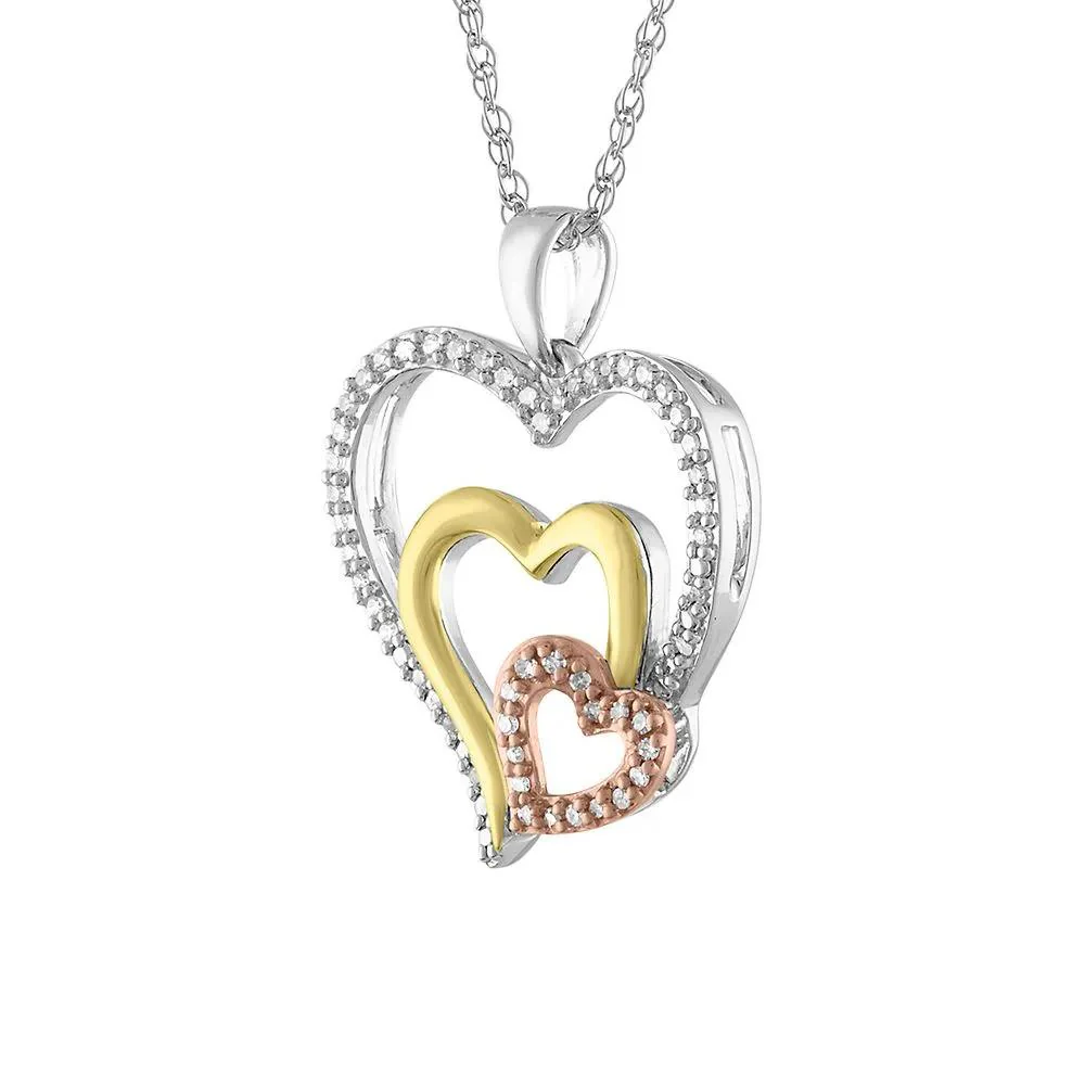 1/8 CT. Tw. Diamond Triple Heart Tricolor Pendant Necklace .925 Sterling Silver & 10K Gold White Size 18" - Image 2