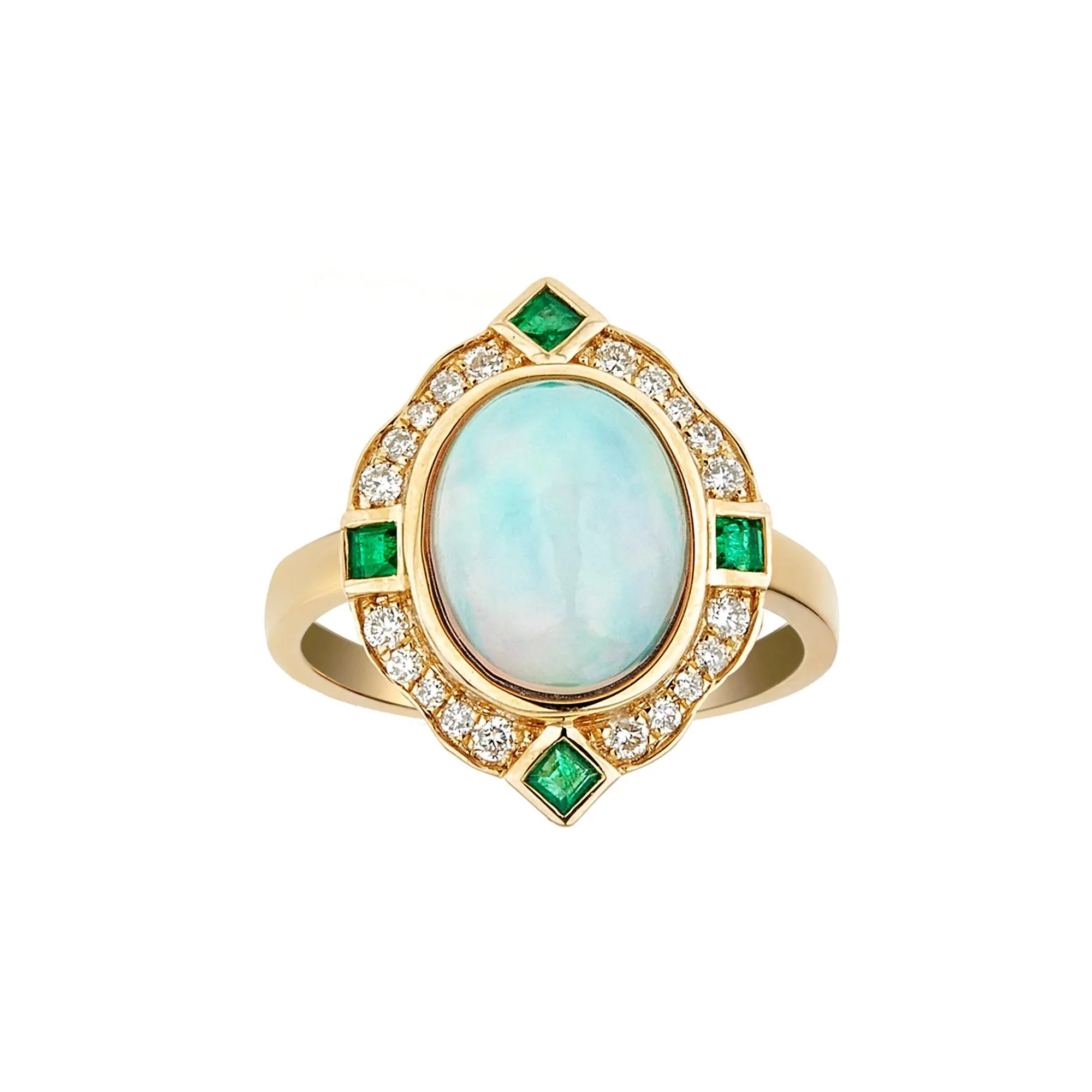1/5 CT. Tw. Opal Emerald & Diamond Ring 10K Yellow Gold Round Brilliant Cut Size 7
