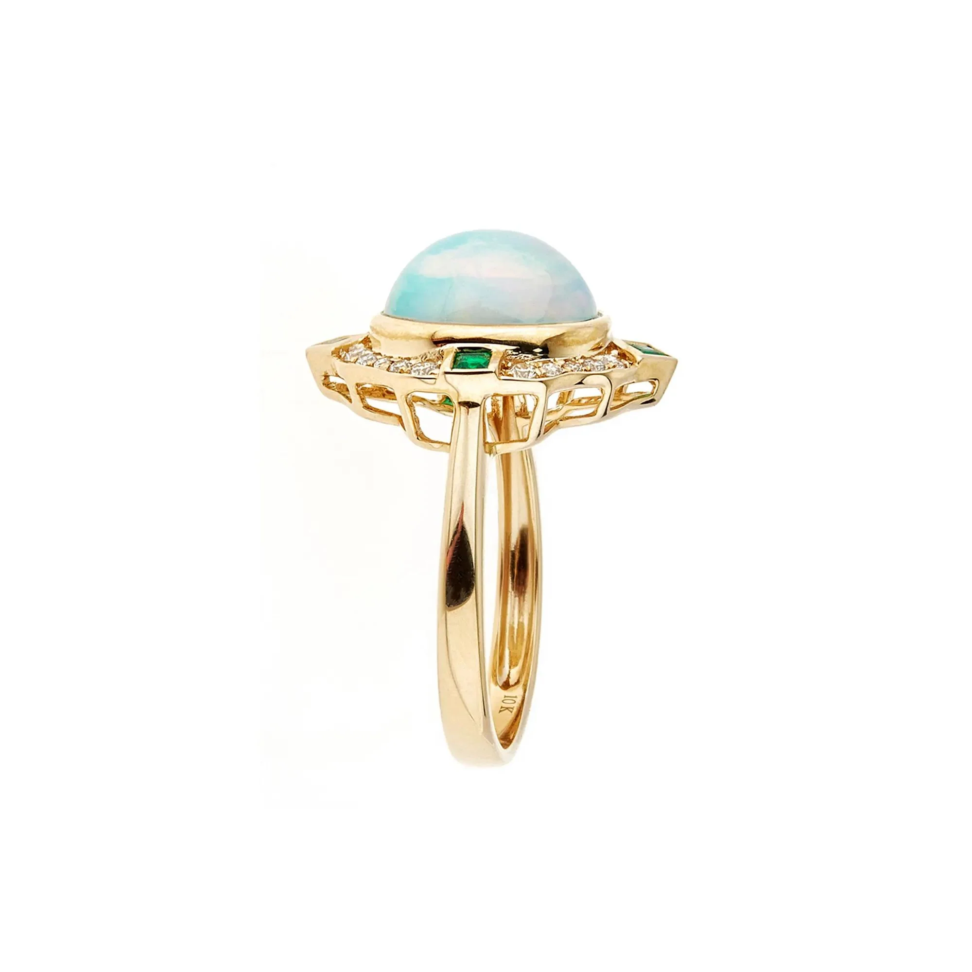 1/5 CT. Tw. Opal Emerald & Diamond Ring 10K Yellow Gold Round Brilliant Cut Size 8 - Image 3