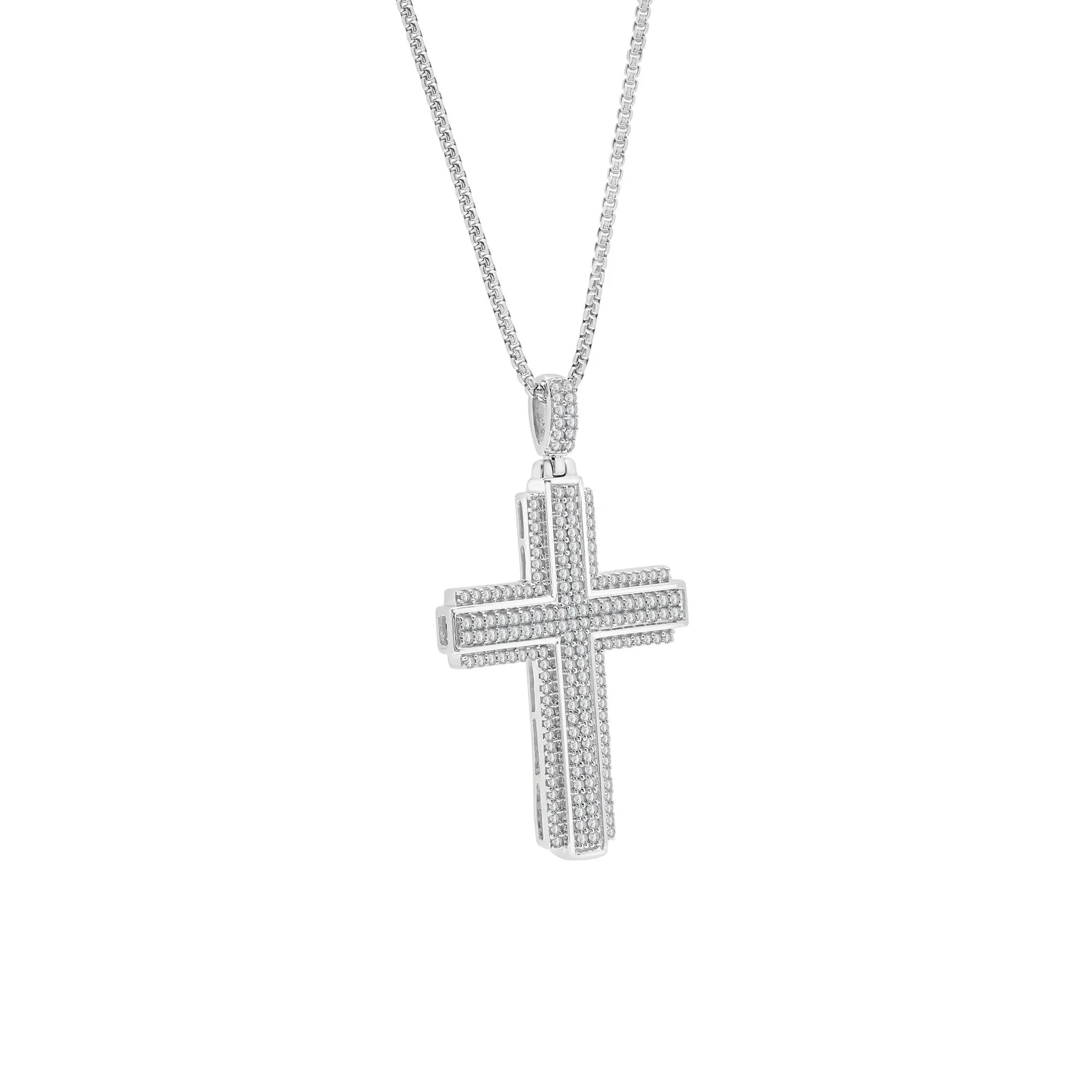1 CT. Tw. Diamond Cross Pendant Necklace .925 Sterling Silver Gray Size 22" - Image 2