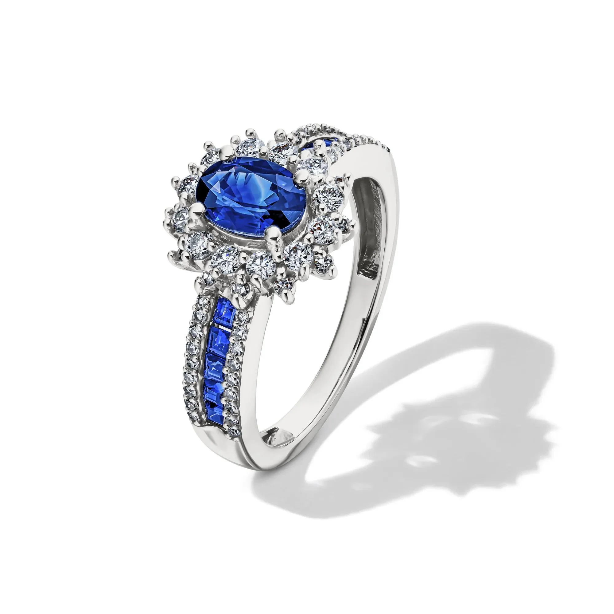 1/2 CT. Tw. Blue Sapphire & Diamond Halo Ring 14K White Gold Size 6.5 - Image 4