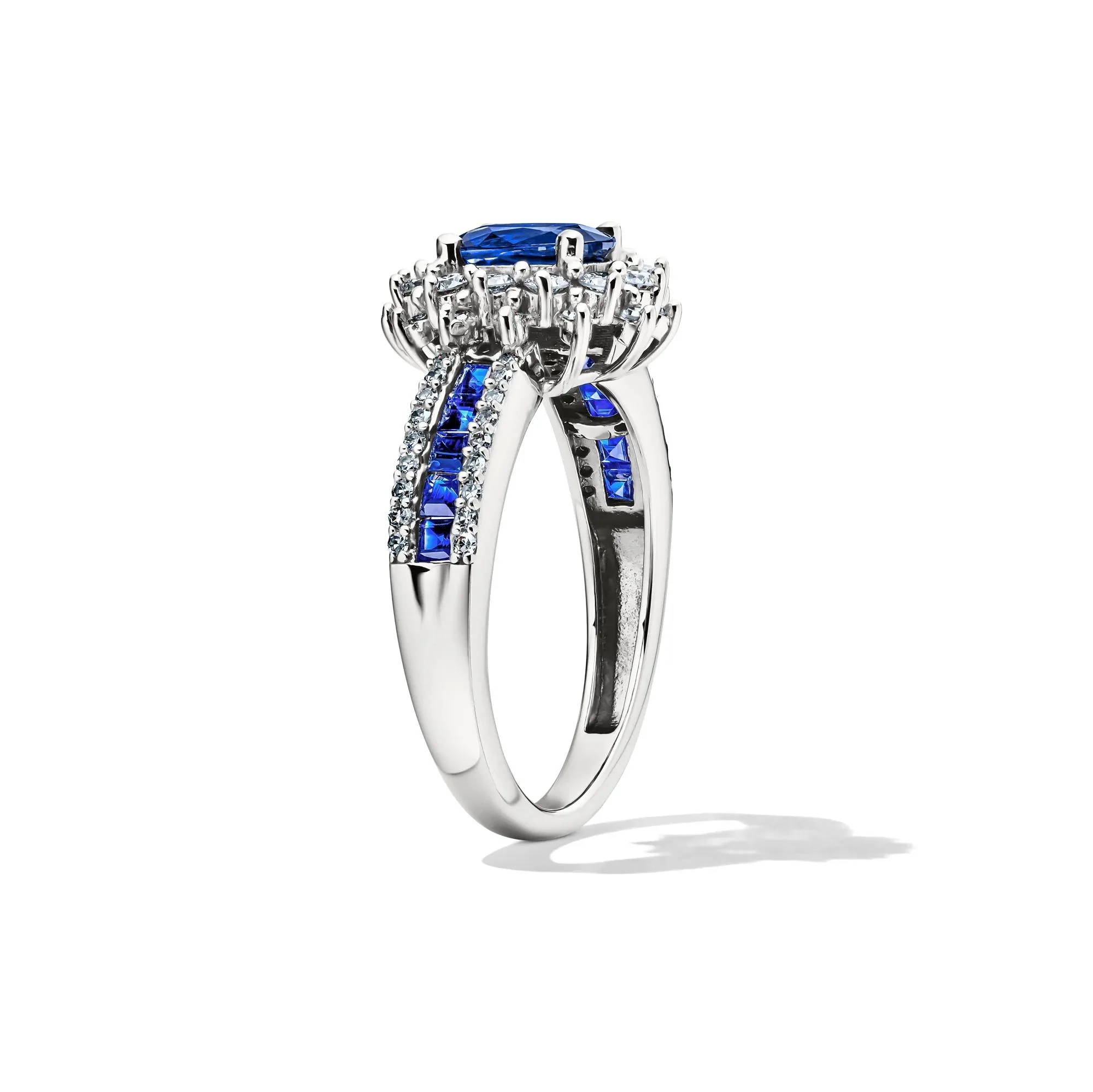 1/2 CT. Tw. Blue Sapphire & Diamond Halo Ring 14K White Gold Size 7.5 - Image 3