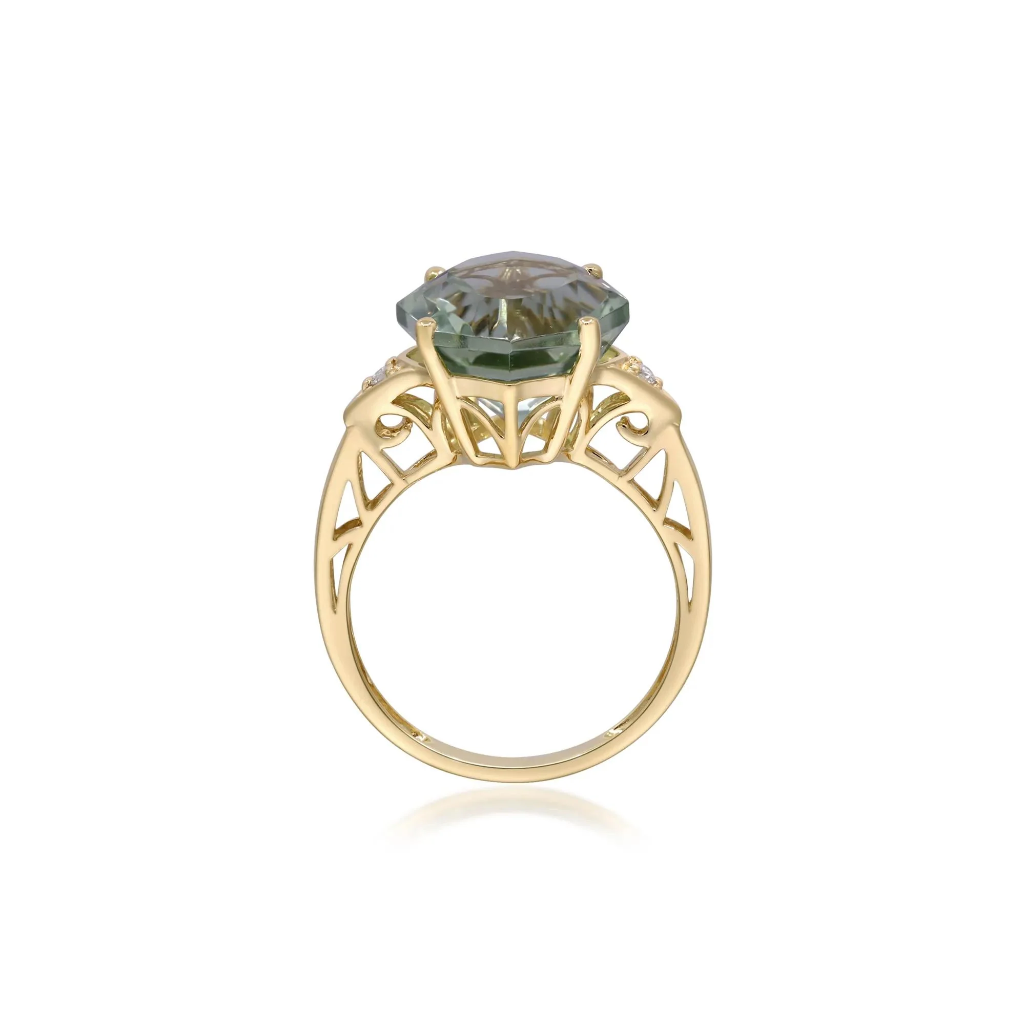 Green Amethyst and Diamond Accent Ring 10K Yellow Gold Round Brilliant Cut Size 6.5 2mm - Image 2
