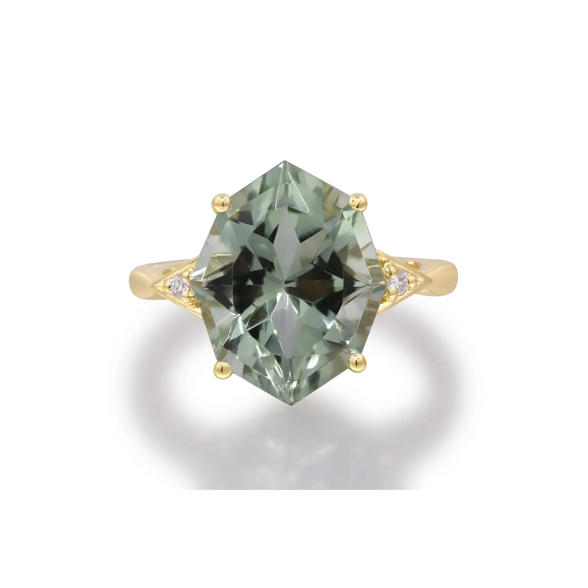 Green Amethyst and Diamond Accent Ring 10K Yellow Gold Round Brilliant Cut Size 8 2mm - Image 4