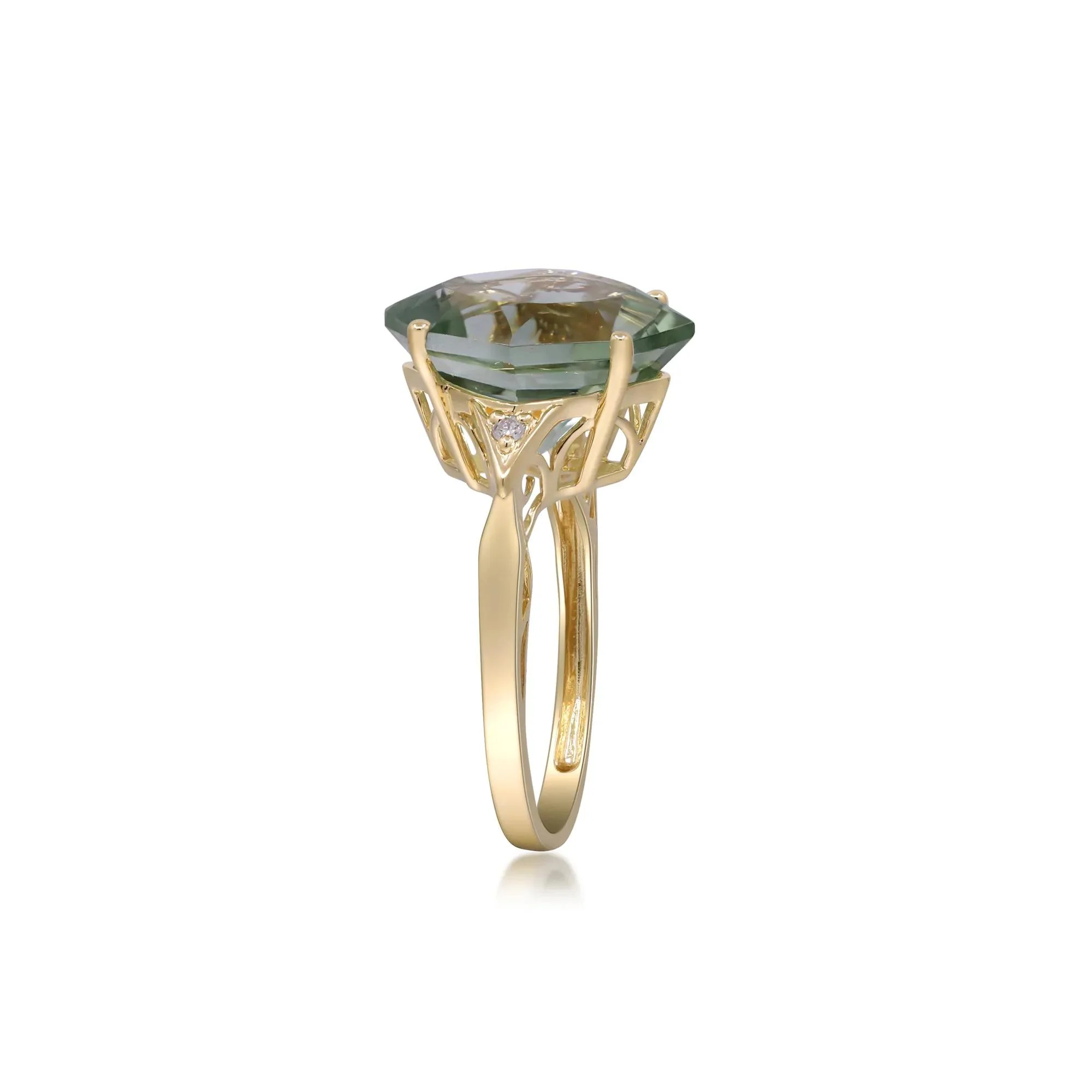 Green Amethyst and Diamond Accent Ring 10K Yellow Gold Round Brilliant Cut Size 9 2mm - Image 3