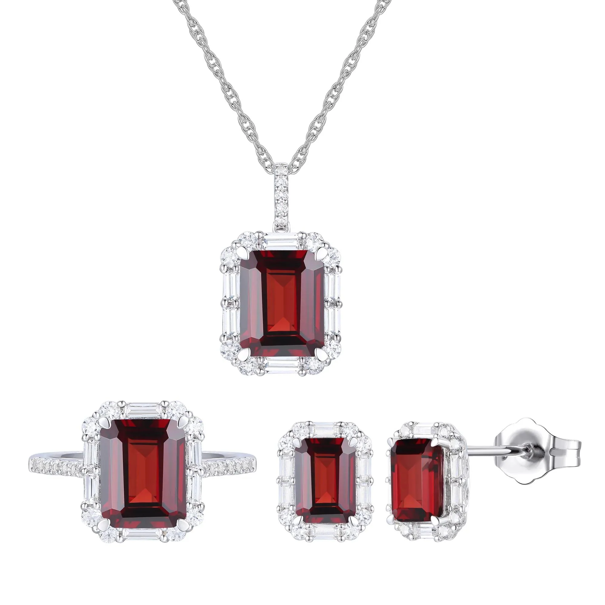 Garnet & Lab-Created White Sapphire Ring Earring & Pendant Set .925 Sterling Silver Size 6 1mm