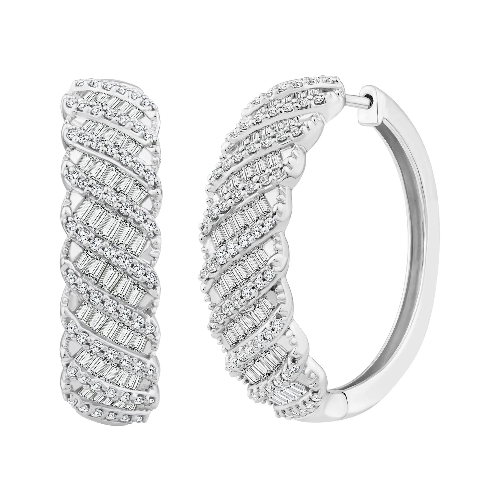 1/2 CT. Tw. Round and Baguette Diamond Hoop Earrings 10K White Gold Size 21.00mm