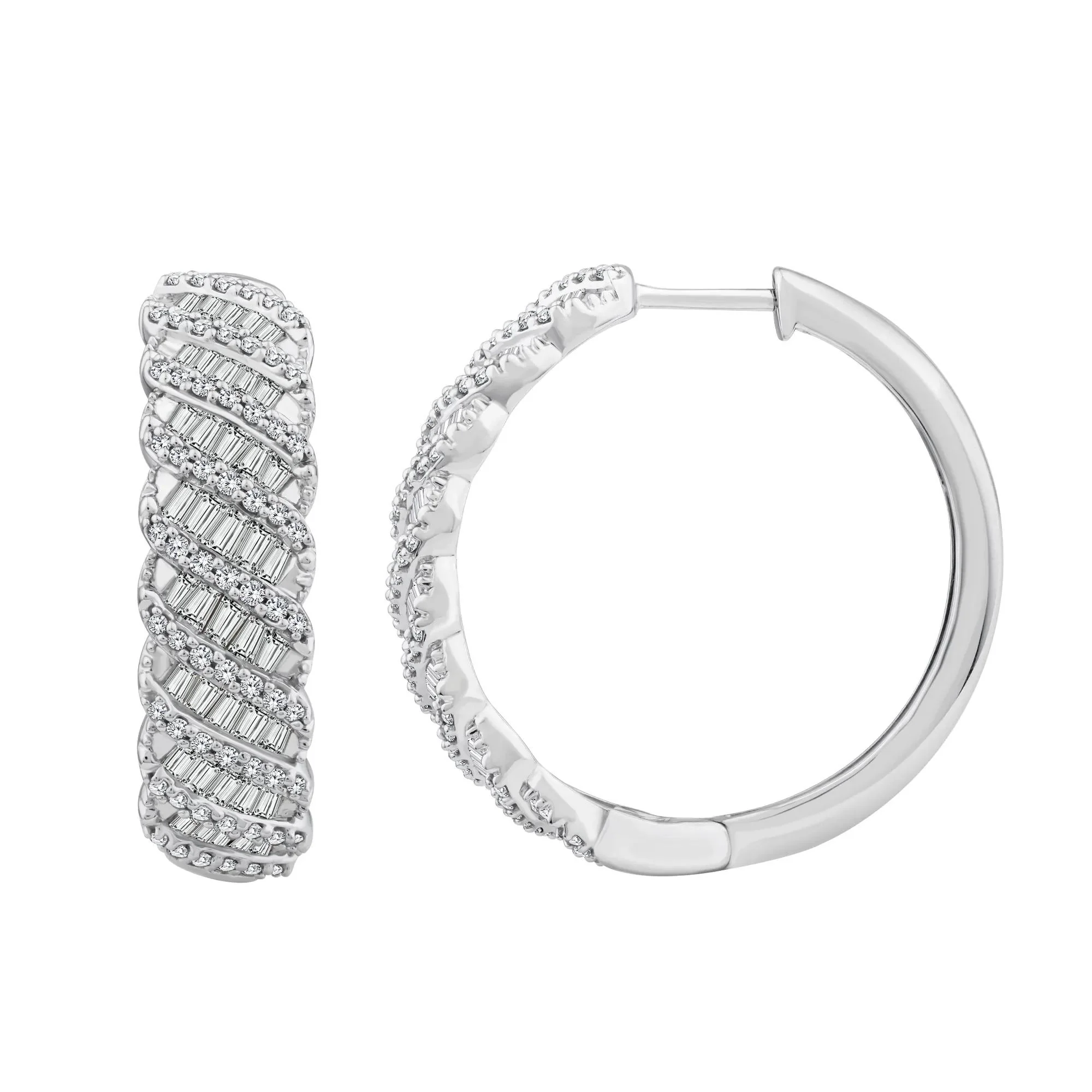 1/2 CT. Tw. Round and Baguette Diamond Hoop Earrings 10K White Gold Size 21.00mm - Image 2