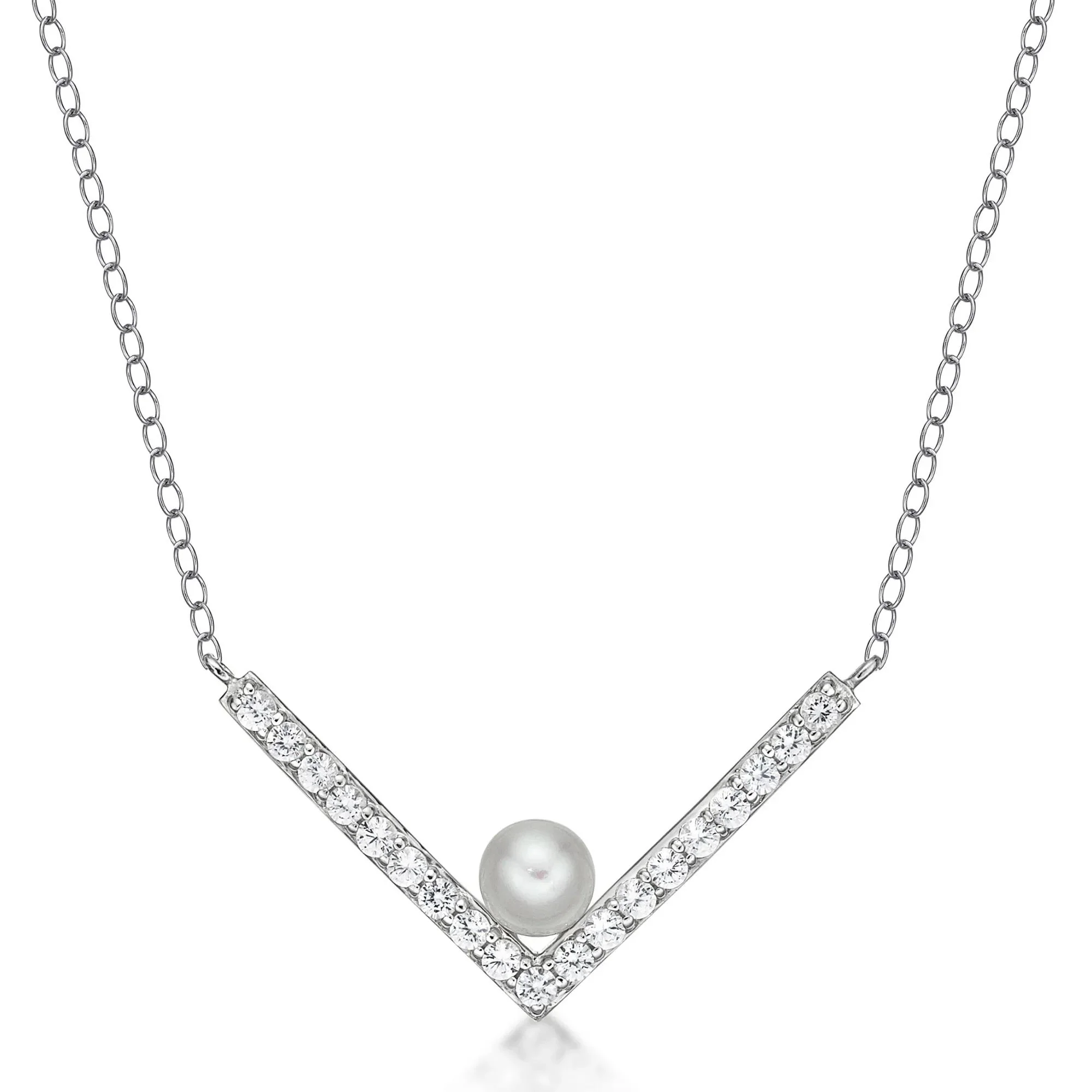 Freshwater Cultured Button Pearl and Lab-Created White Sapphire Necklace .925 Sterling Silver Size 18" - Image 3