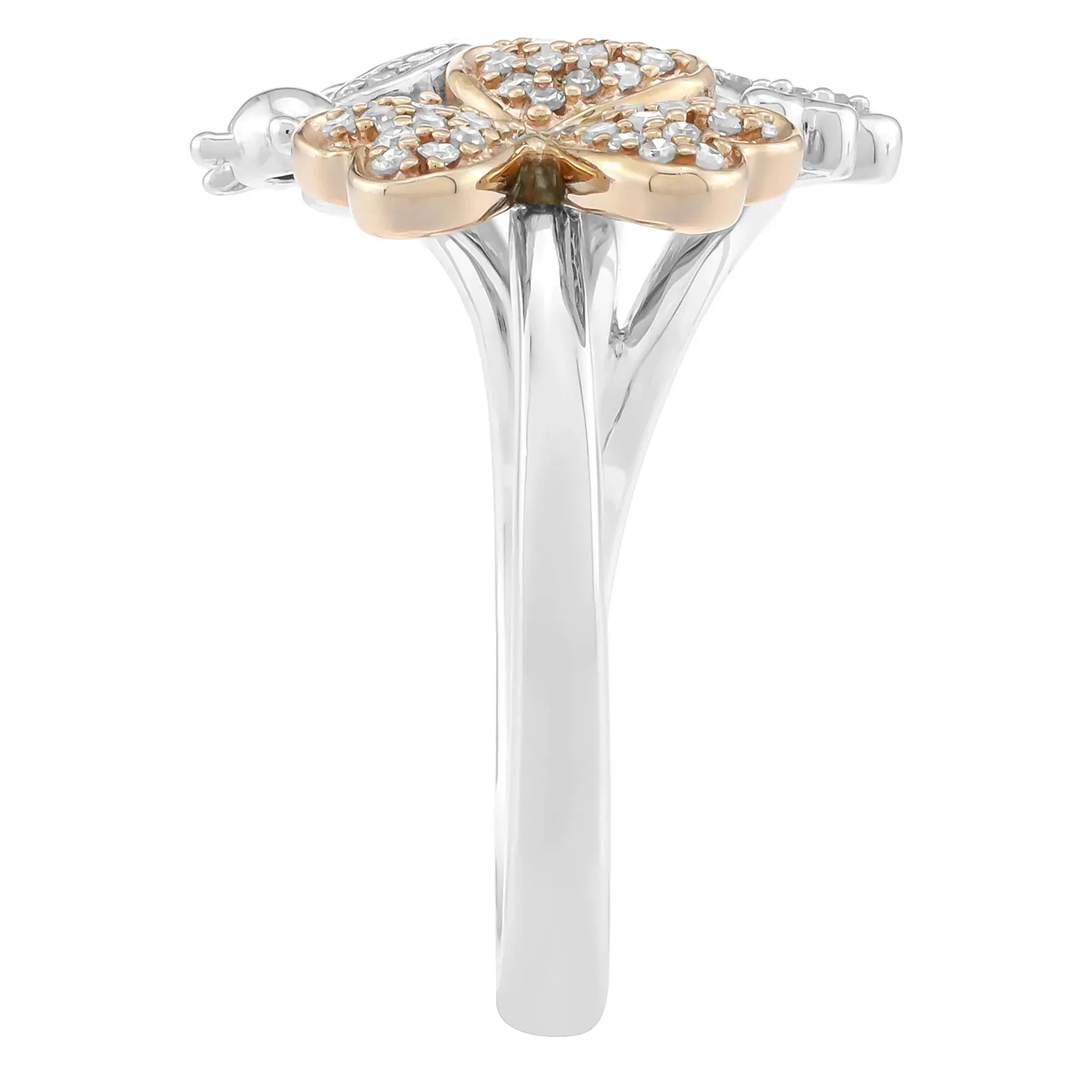 1/7 CT. Tw. Diamond Clover and Bee Ring .925 Sterling Silver & 10K Rose Gold White Size 7 2.5mm - Image 2