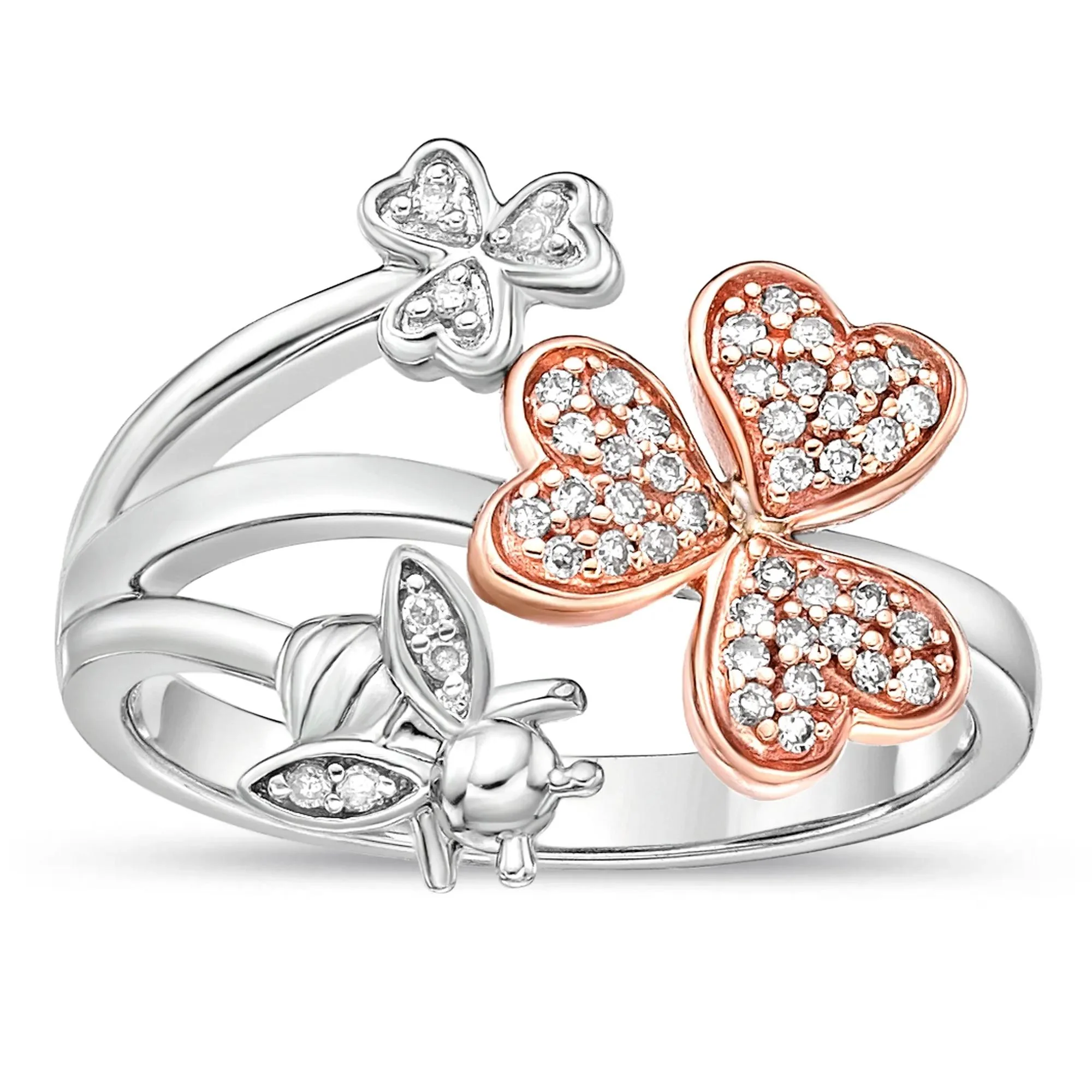1/7 CT. Tw. Diamond Clover and Bee Ring .925 Sterling Silver & 10K Rose Gold White Size 7 2.5mm - Image 3