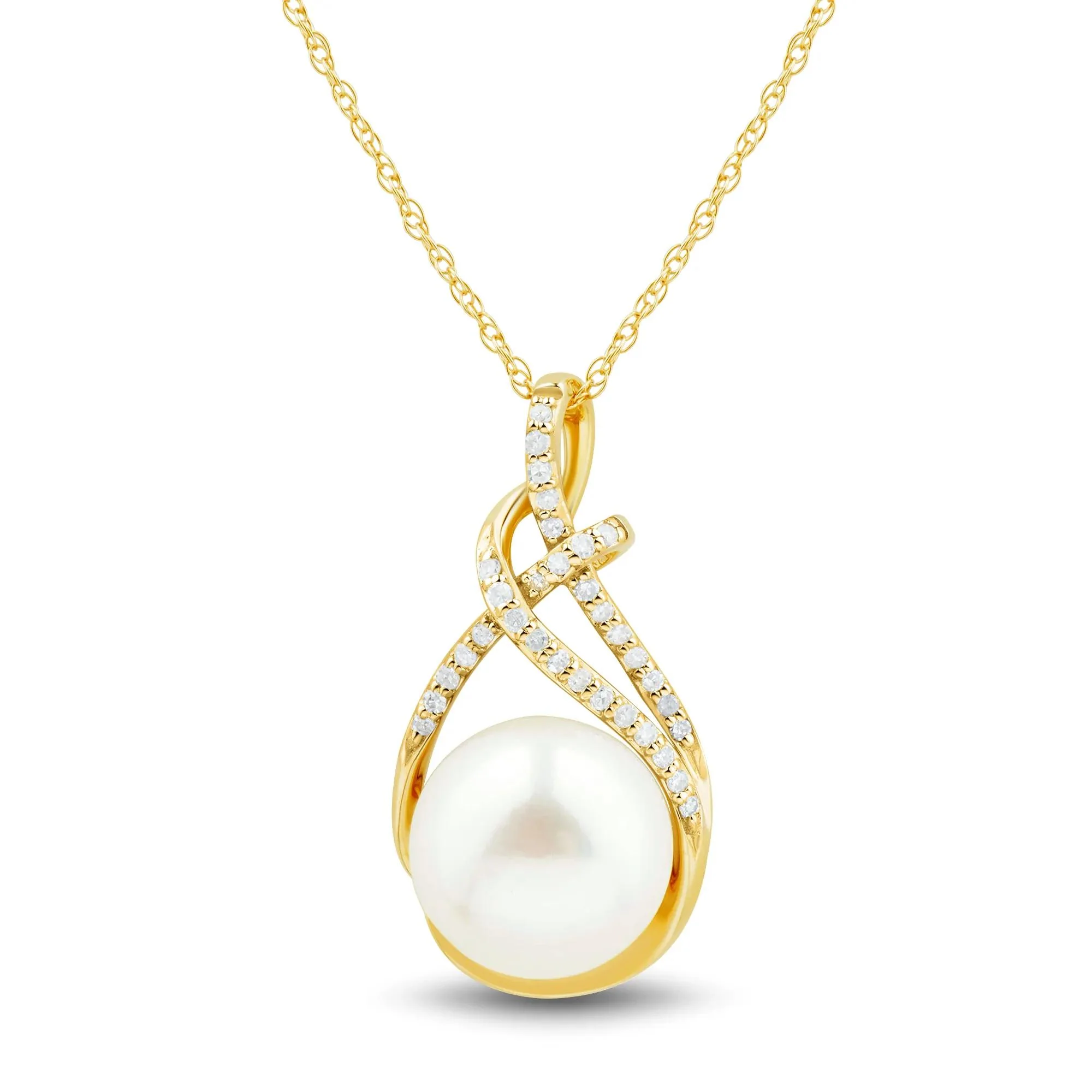 1/10 CT. Tw. Button Freshwater Cultured Pearl and Diamond Pendant Necklace 10K Yellow Gold Size 18" - Image 2