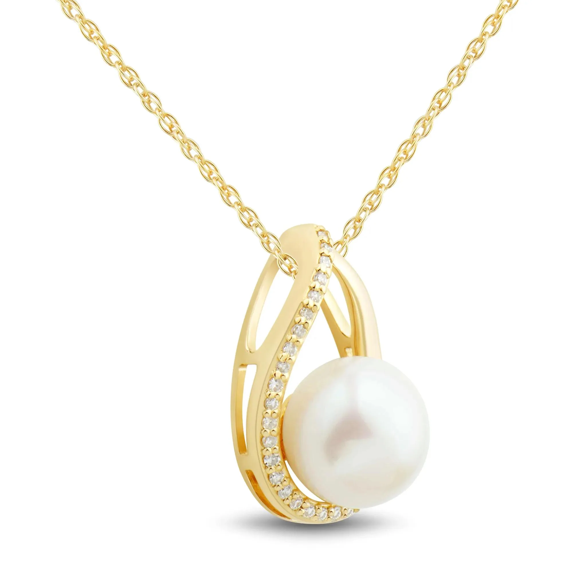 Freshwater Cultured Pearl and Diamond Accent Pendant Necklace 10K Yellow Gold Size 18" - Image 2