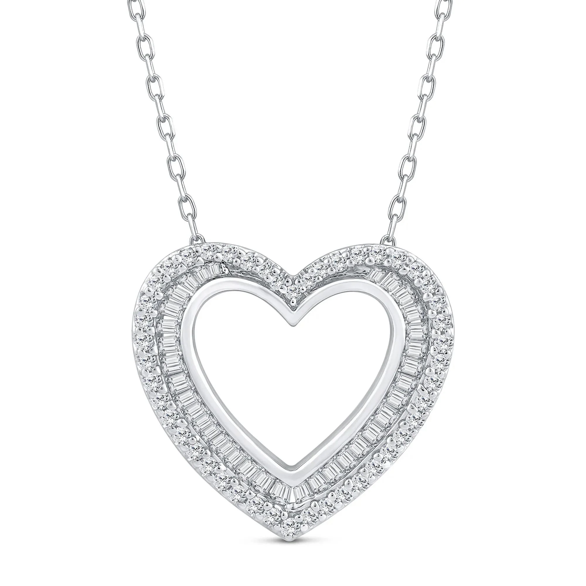 1/2 CT. Tw. Round and Baguette Diamond Heart Pendant Necklace 10K White Gold Size 18" - Image 4