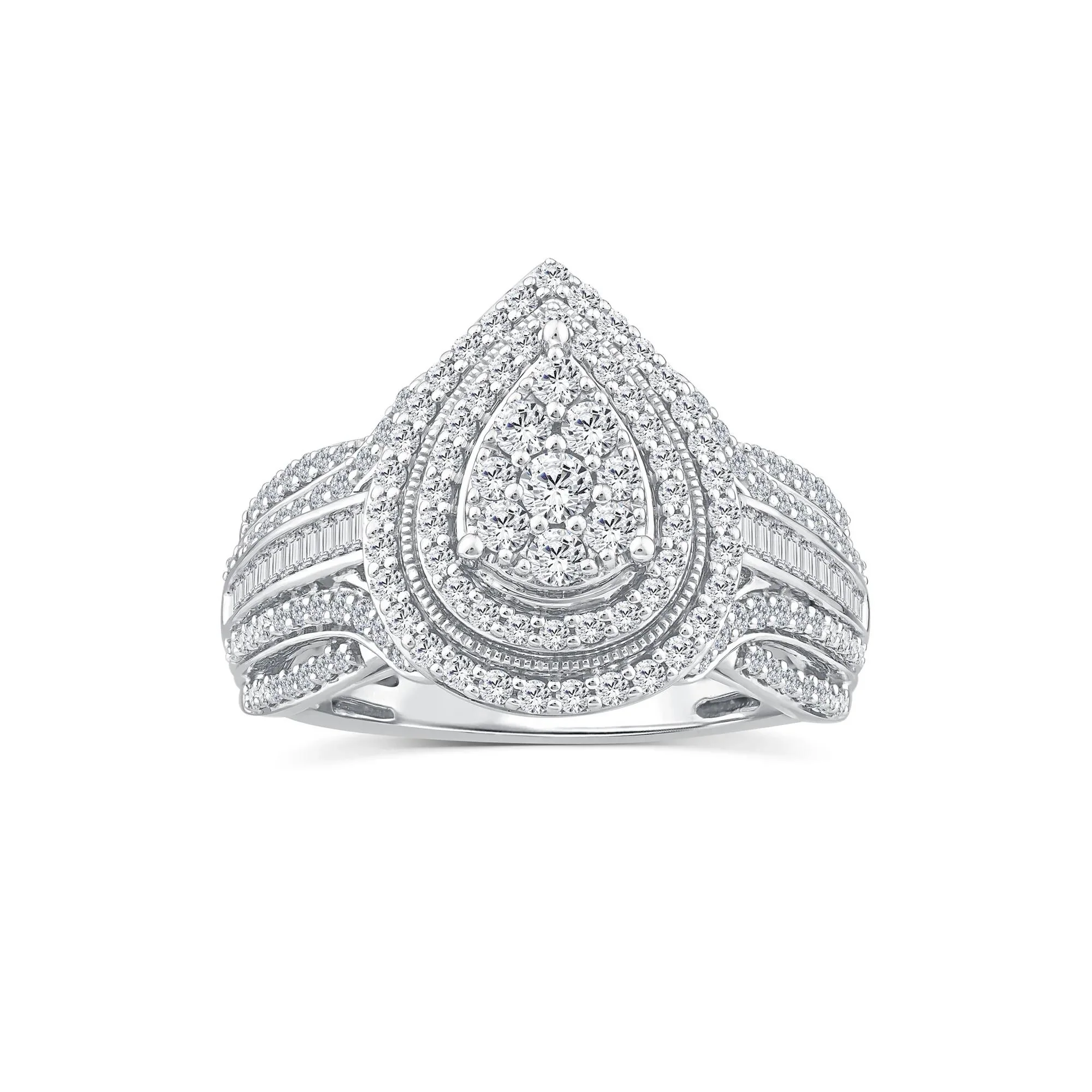 1 CT. Tw. Diamond Pear-Shaped Composite Engagement Ring 10K White Gold Round Brilliant Cut Size 8 3.5mm