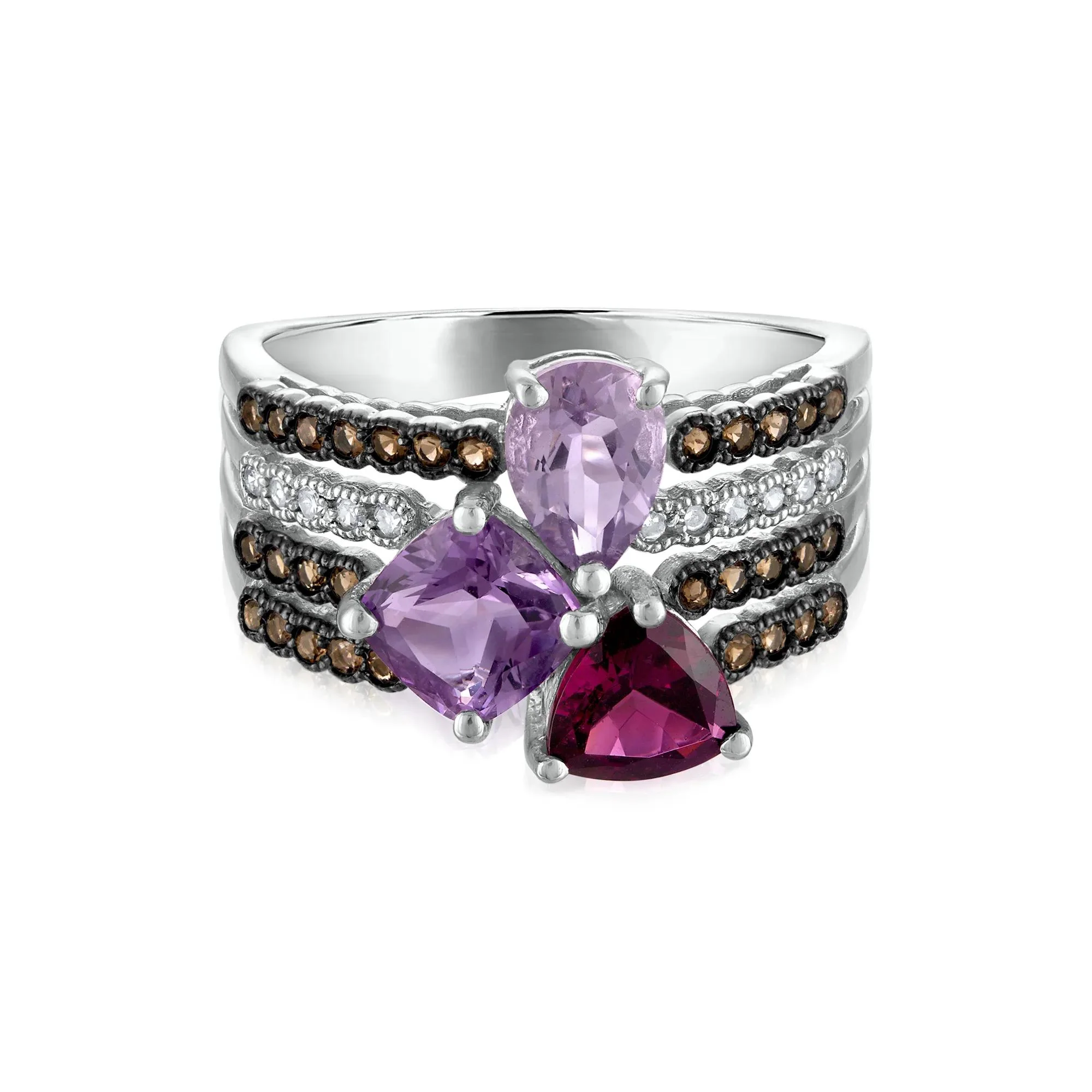 Amethyst Garnet Smoky Quartz and Diamond Multi-Row Ring 10K White Gold Size 8 3mm