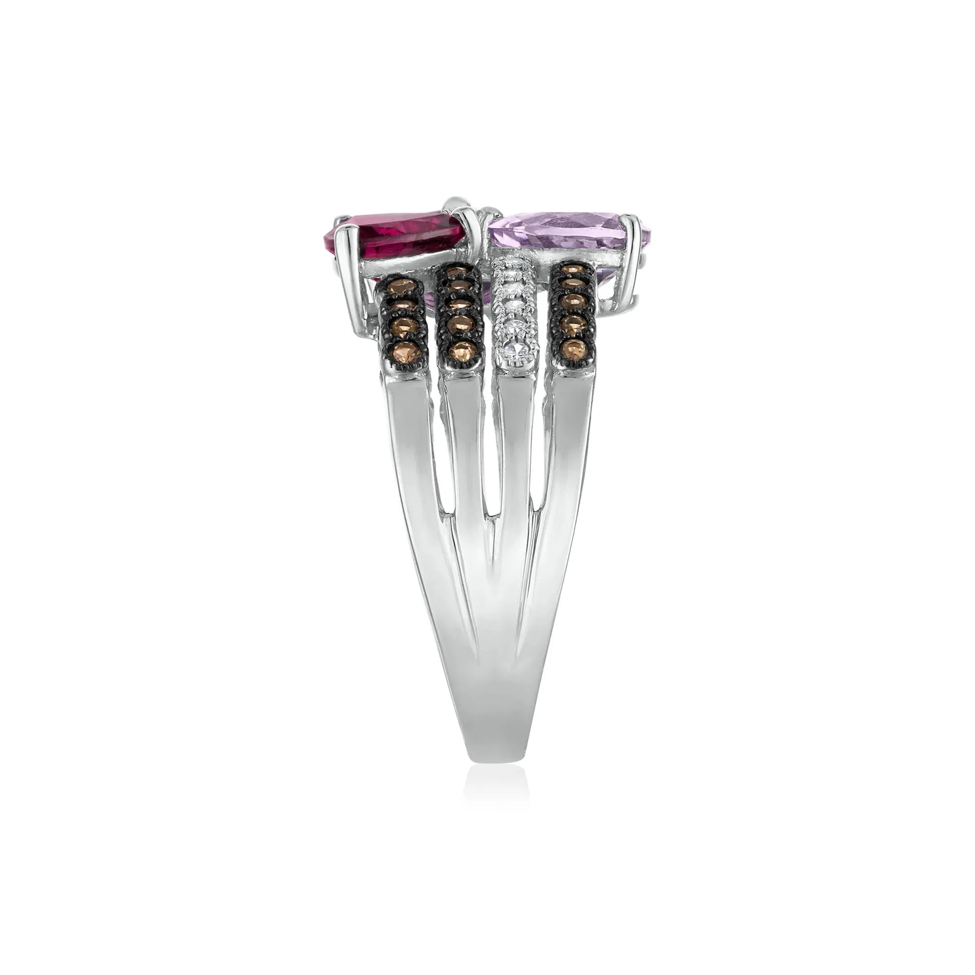 Amethyst Garnet Smoky Quartz and Diamond Multi-Row Ring 10K White Gold Size 9 3mm - Image 3