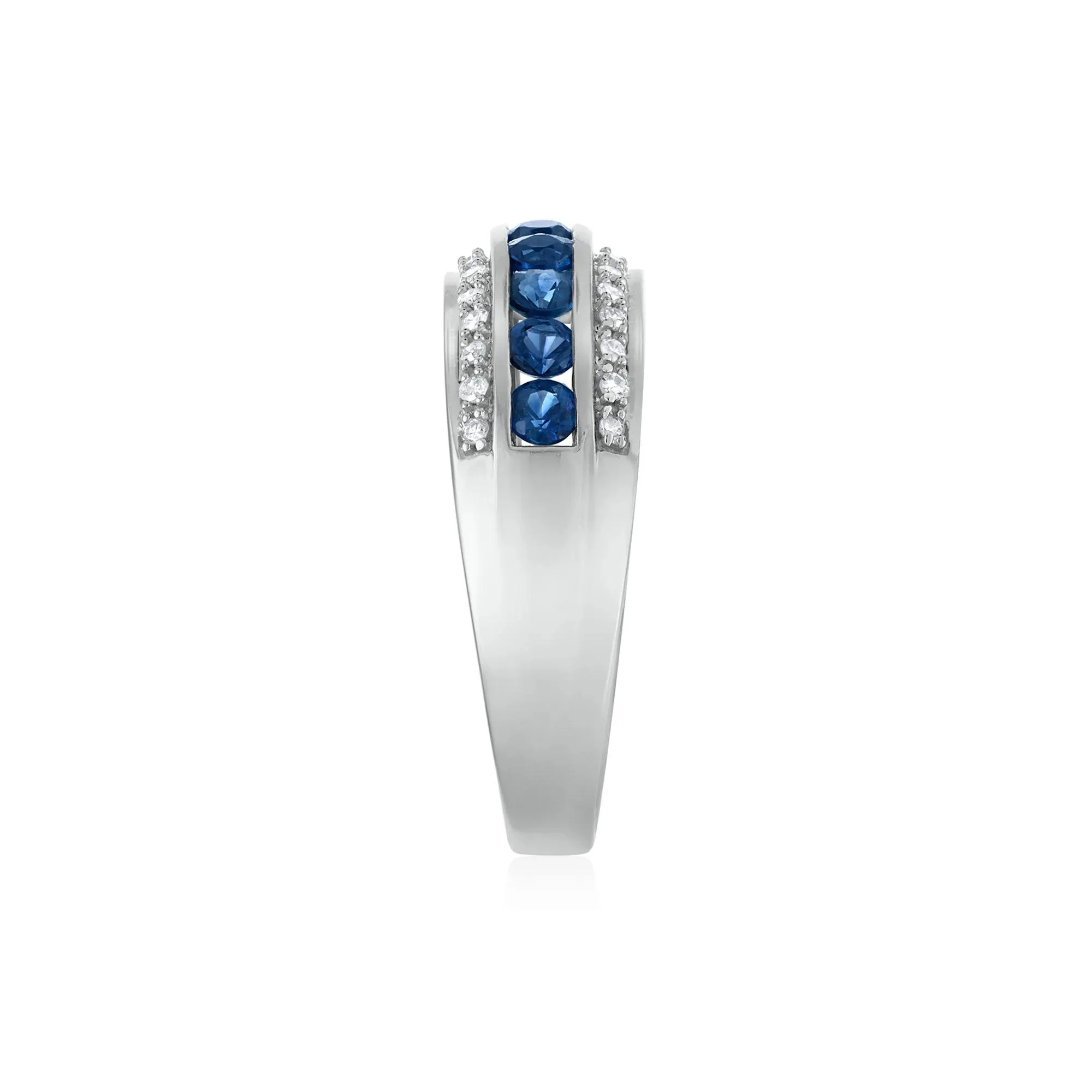 1/7 CT. Tw. Blue Sapphire and Diamond Band Ring 10K White Gold Round Brilliant Cut Size 6.5 3.5mm - Image 3